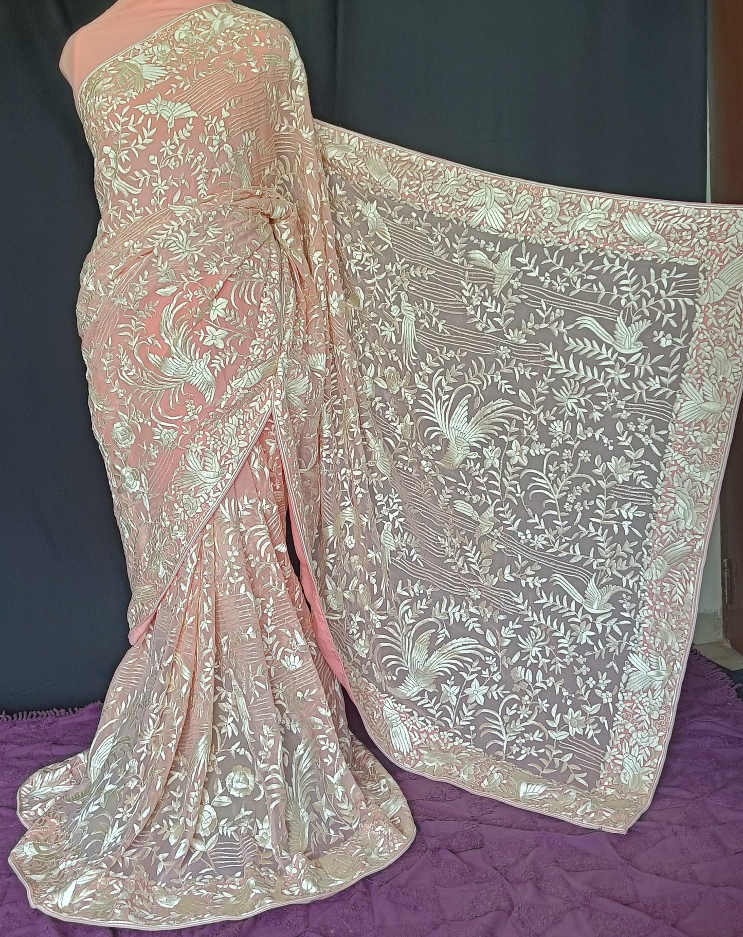 Peachy Pink Masterpiece Parsi Gara Pure Georgette Saree