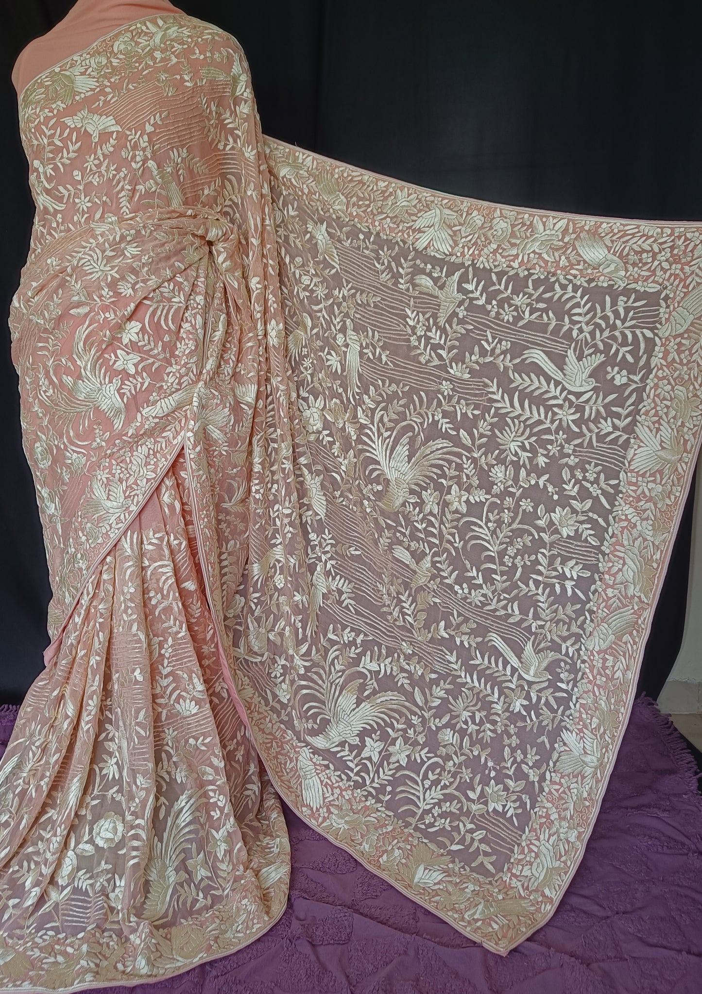 Peachy Pink Masterpiece Parsi Gara Pure Georgette Saree