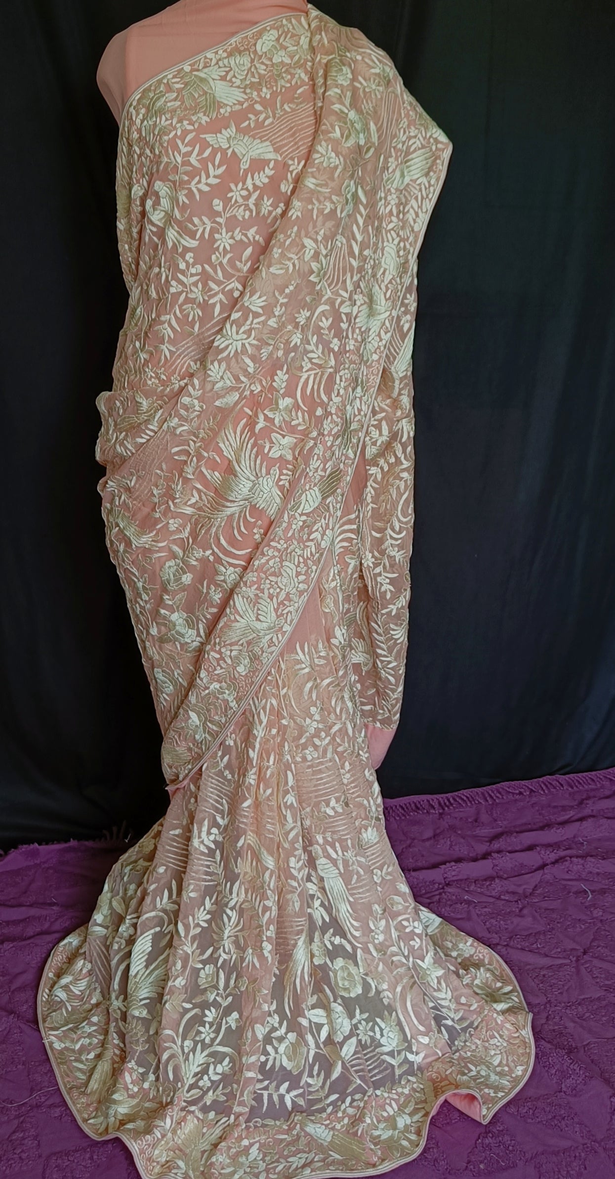 Peachy Pink Masterpiece Parsi Gara Pure Georgette Saree