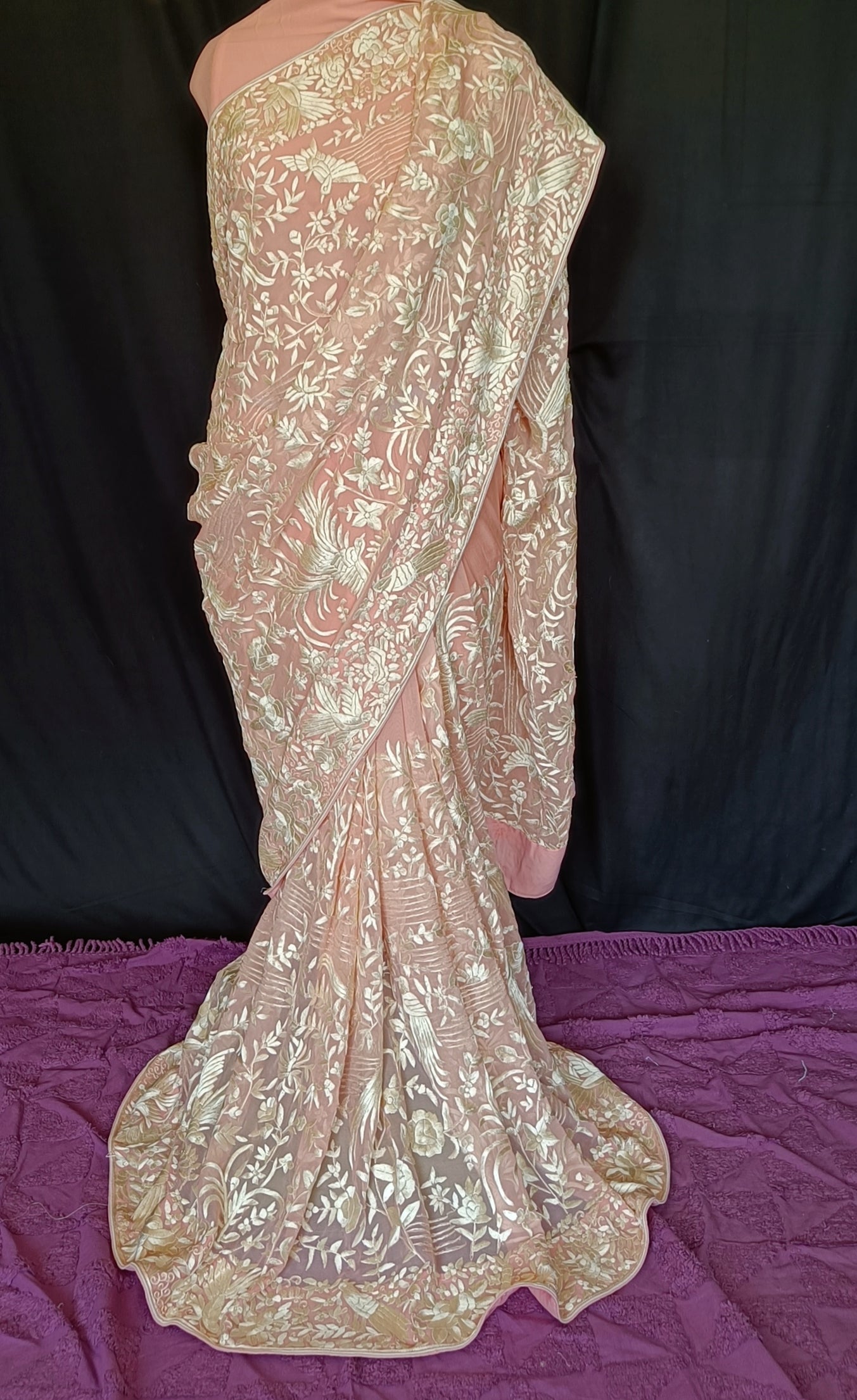Peachy Pink Masterpiece Parsi Gara Pure Georgette Saree