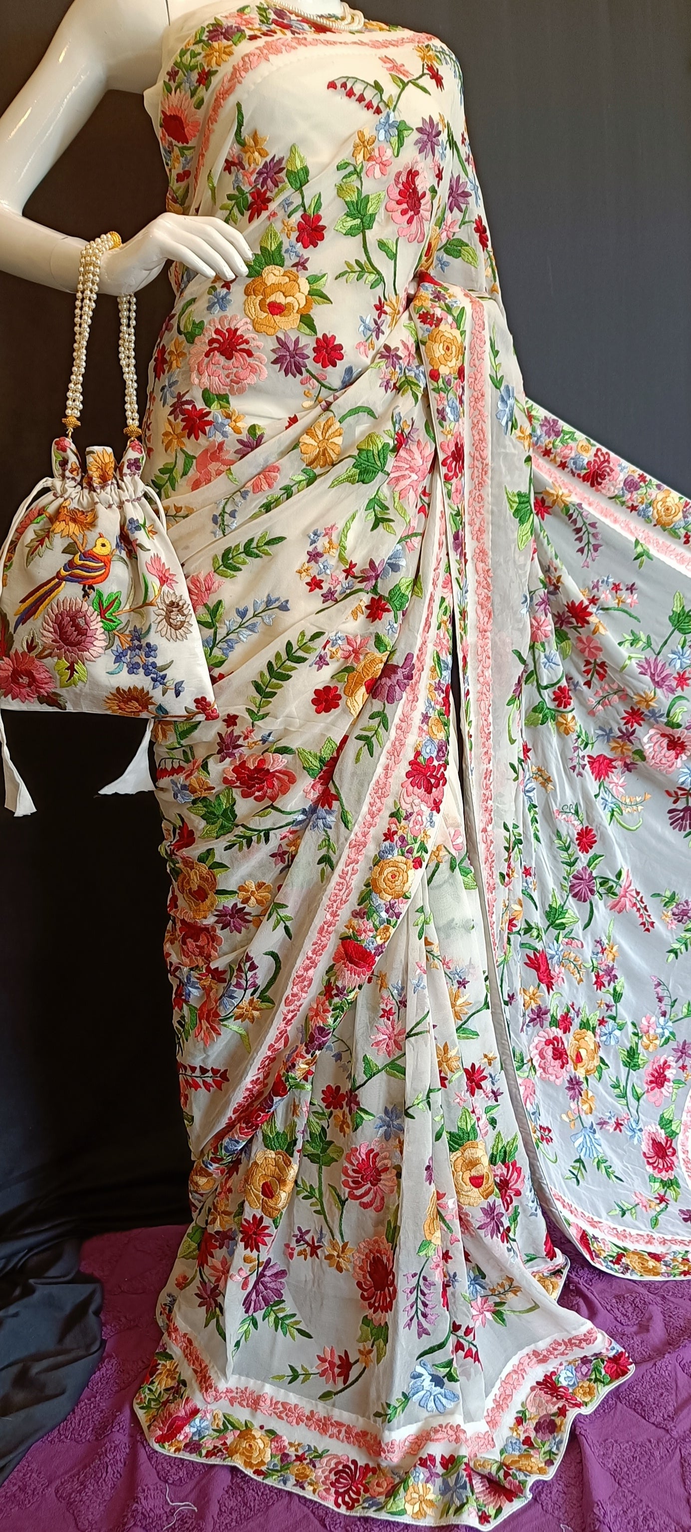 Off White Floral Bouquet Parsi Gara Pure Georgette Saree