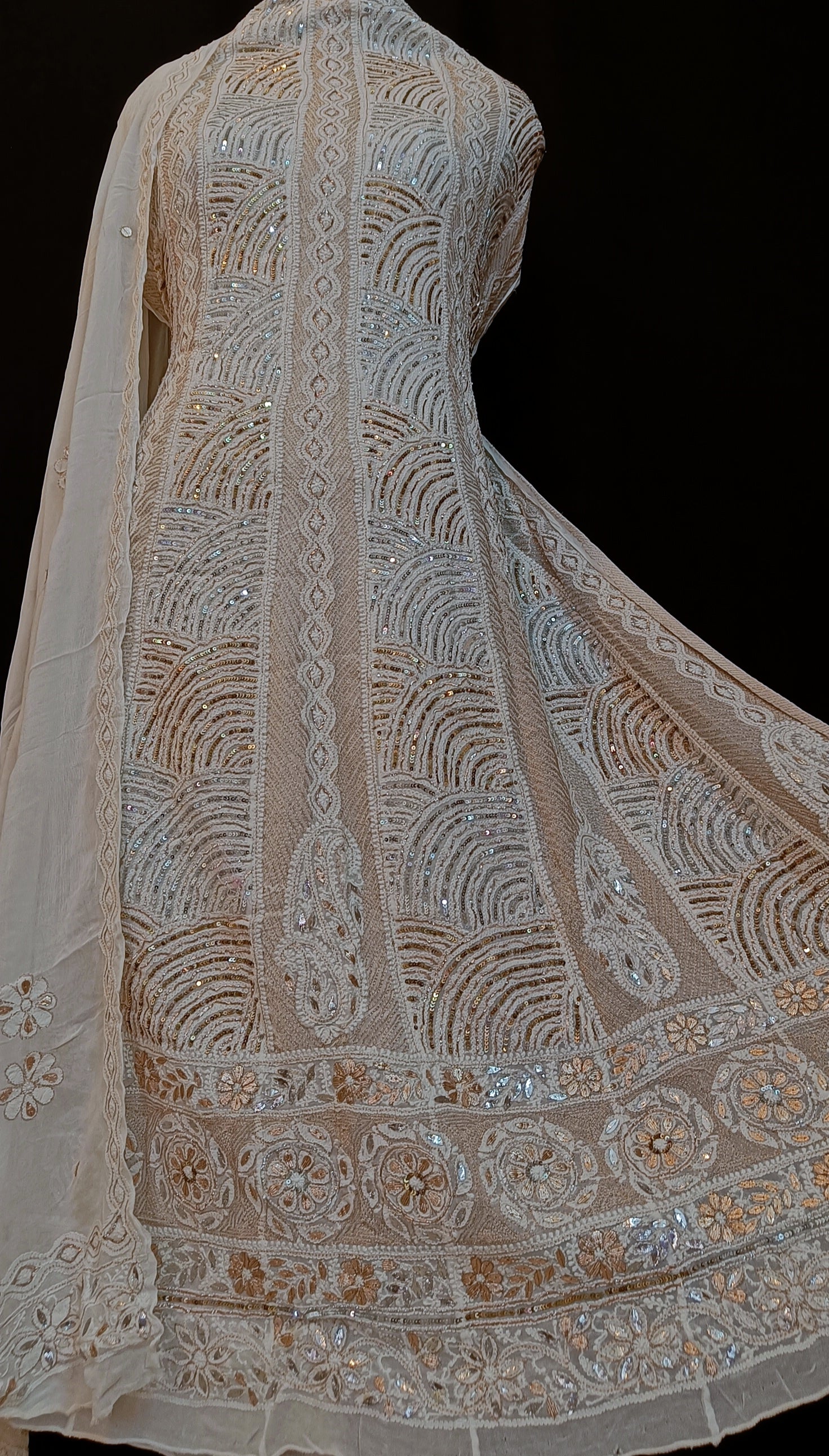 Ivory Chikankari and Sequins Anarkali with Dupatta