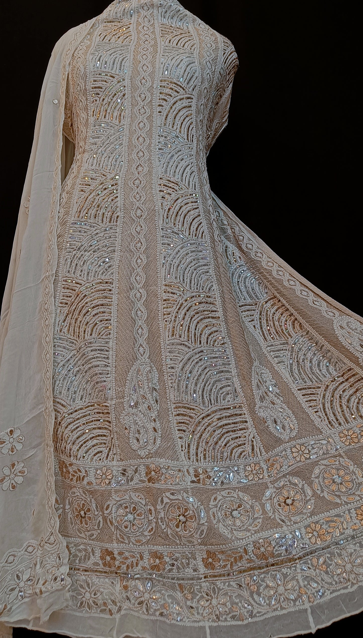 Ivory Chikankari and Sequins Anarkali with Dupatta