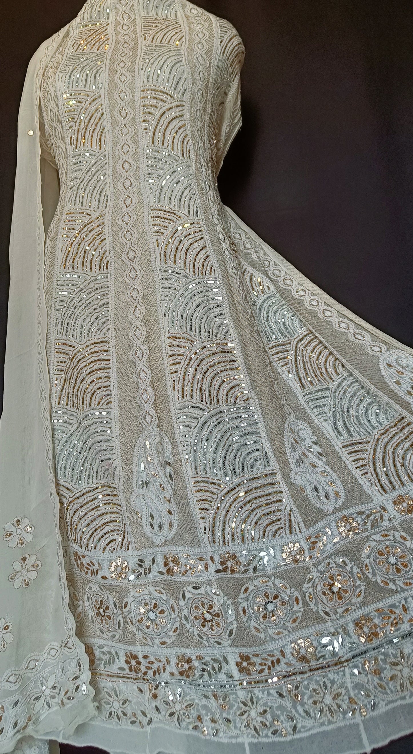 Ivory Chikankari and Sequins Anarkali with Dupatta