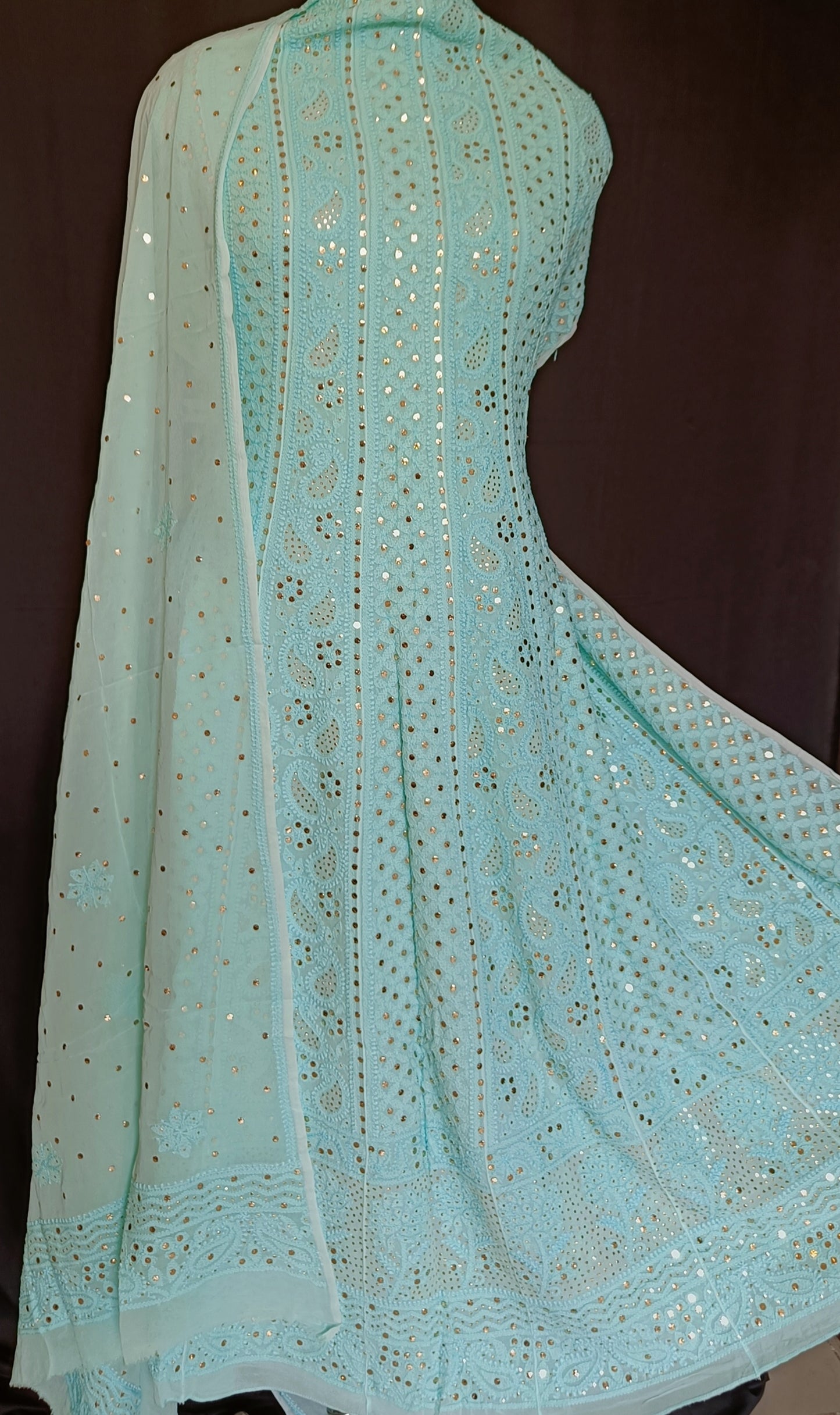 Firozi Allover Chikankari and Heavy Mukaish Anarkali with Dupatta