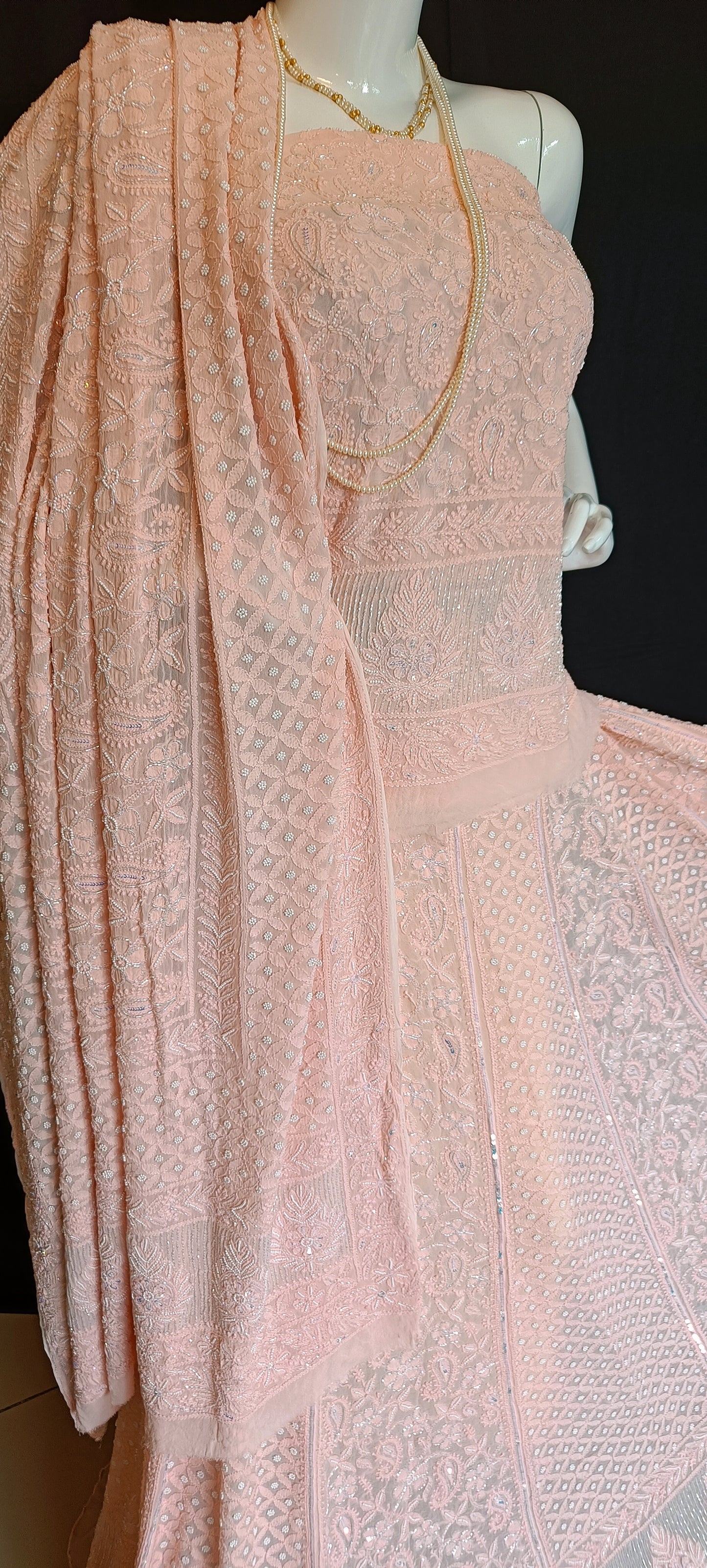 Ruhani Peach Chikankari Cut Dana Pearl Sequins Wedding Lehenga
