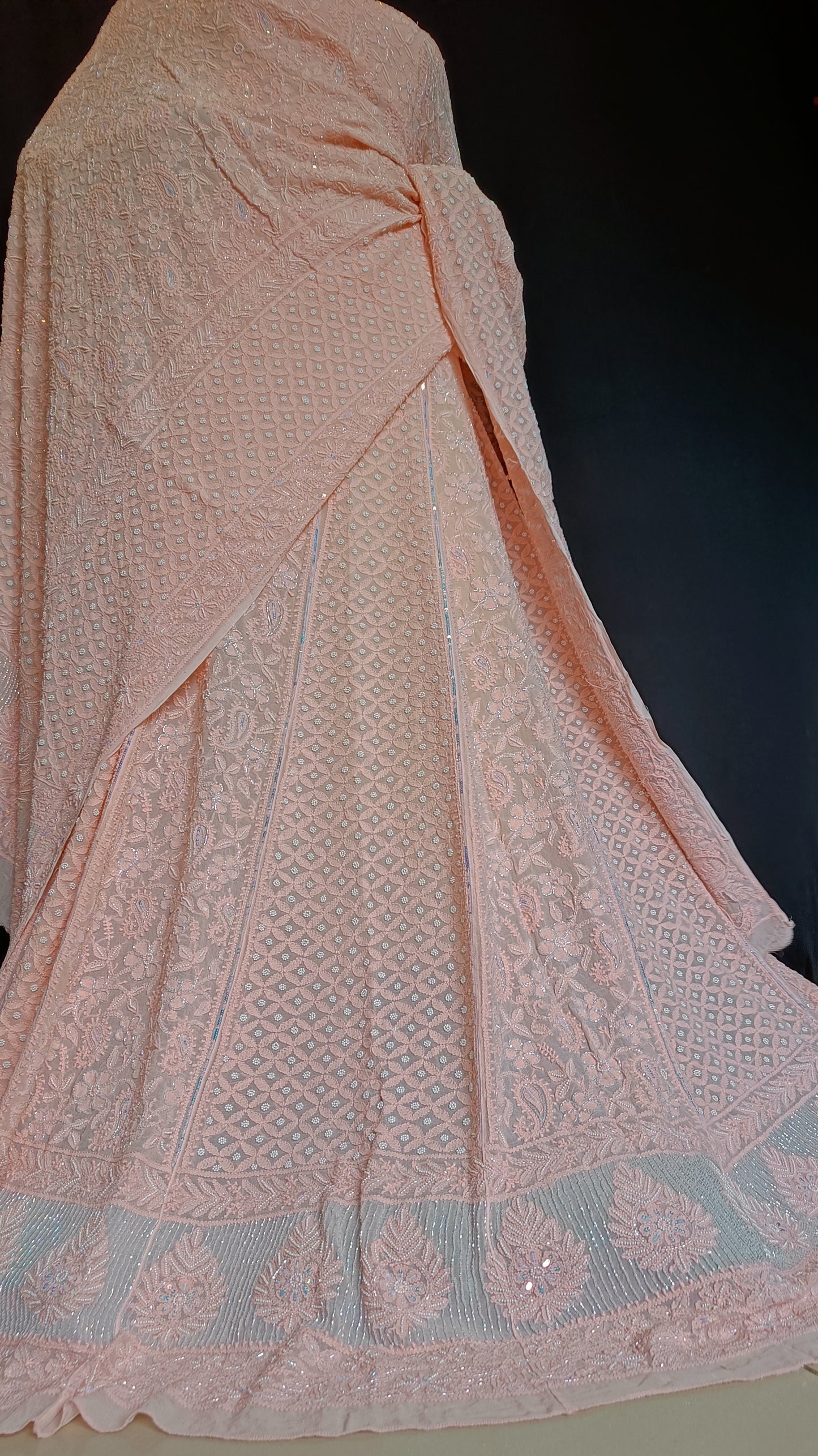 Ruhani Peach Chikankari Cut Dana Pearl Sequins Wedding Lehenga