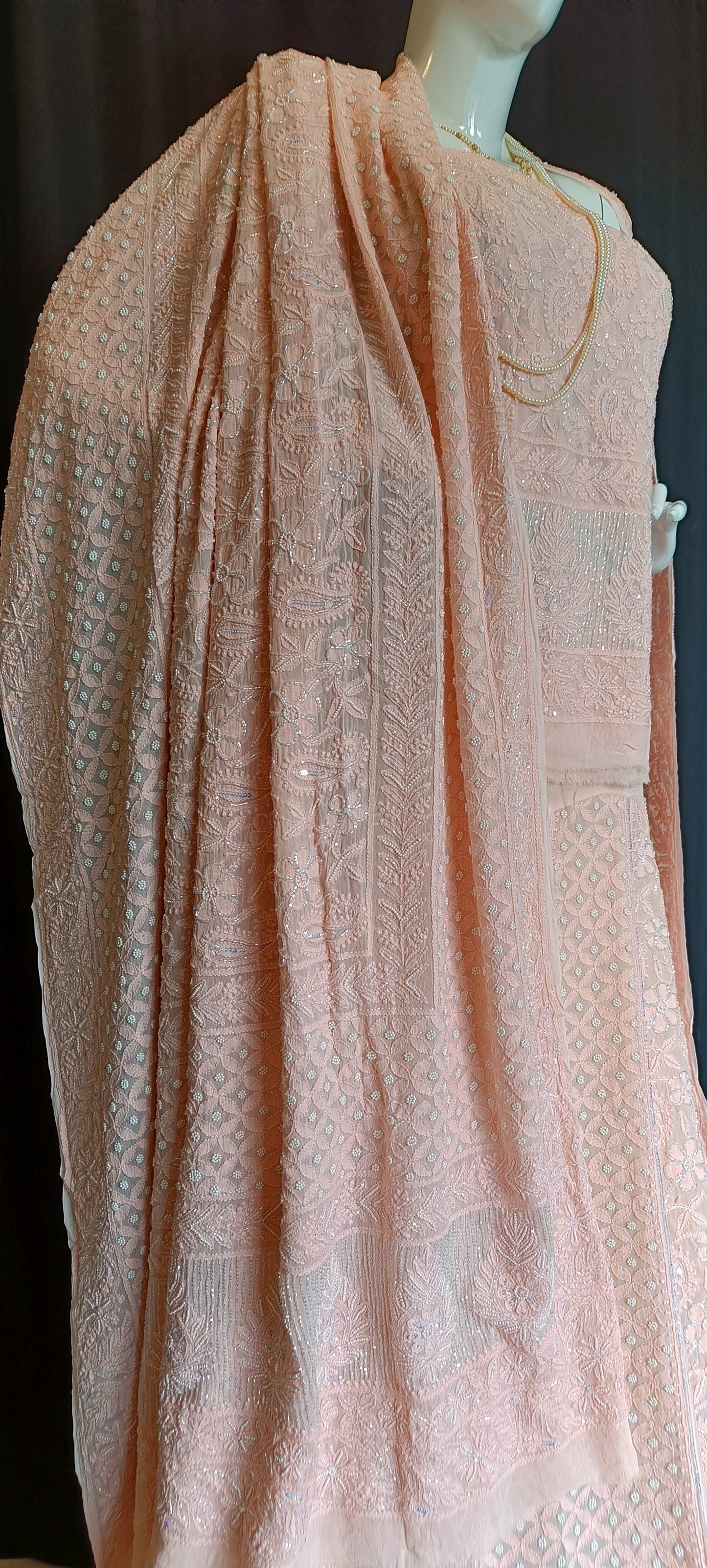 Ruhani Peach Chikankari Cut Dana Pearl Sequins Wedding Lehenga