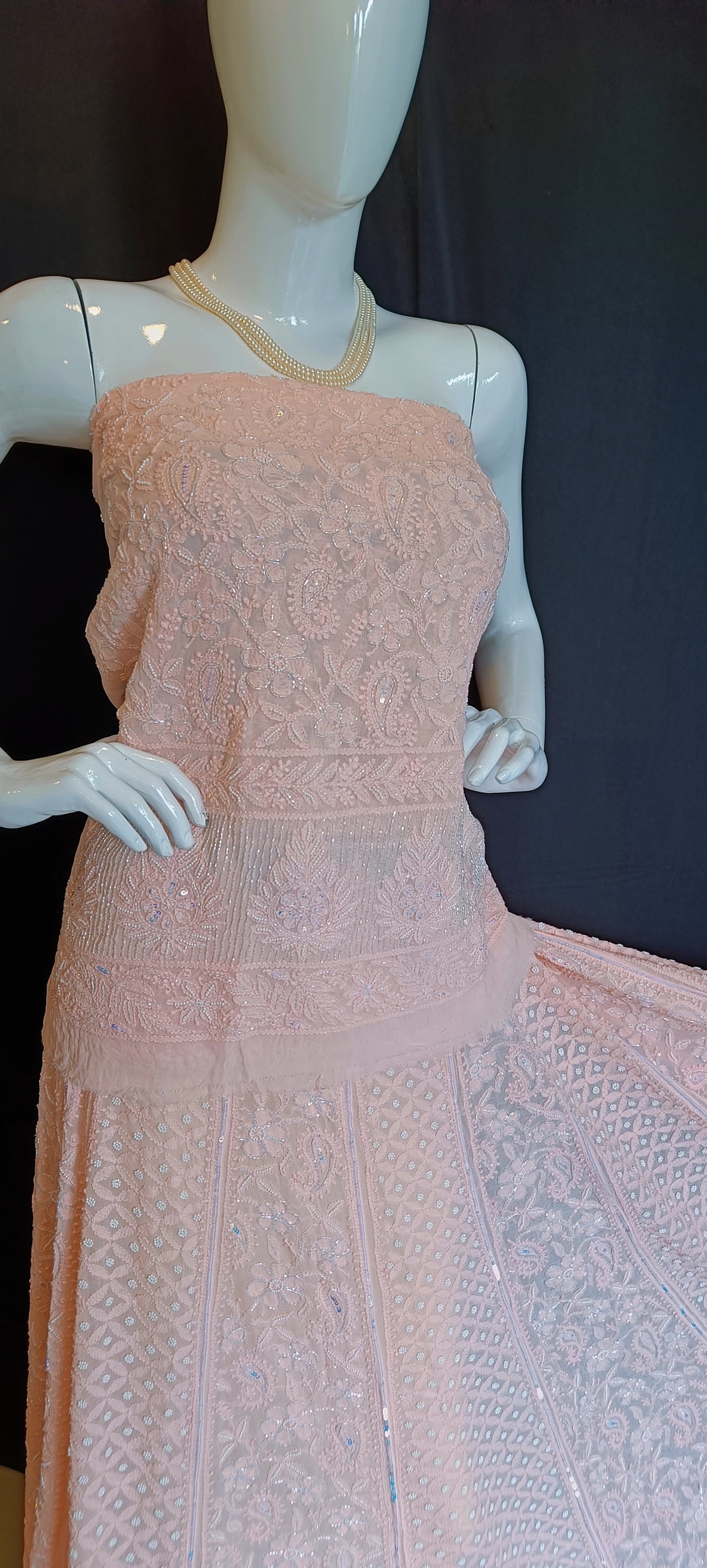 Ruhani Peach Chikankari Cut Dana Pearl Sequins Wedding Lehenga