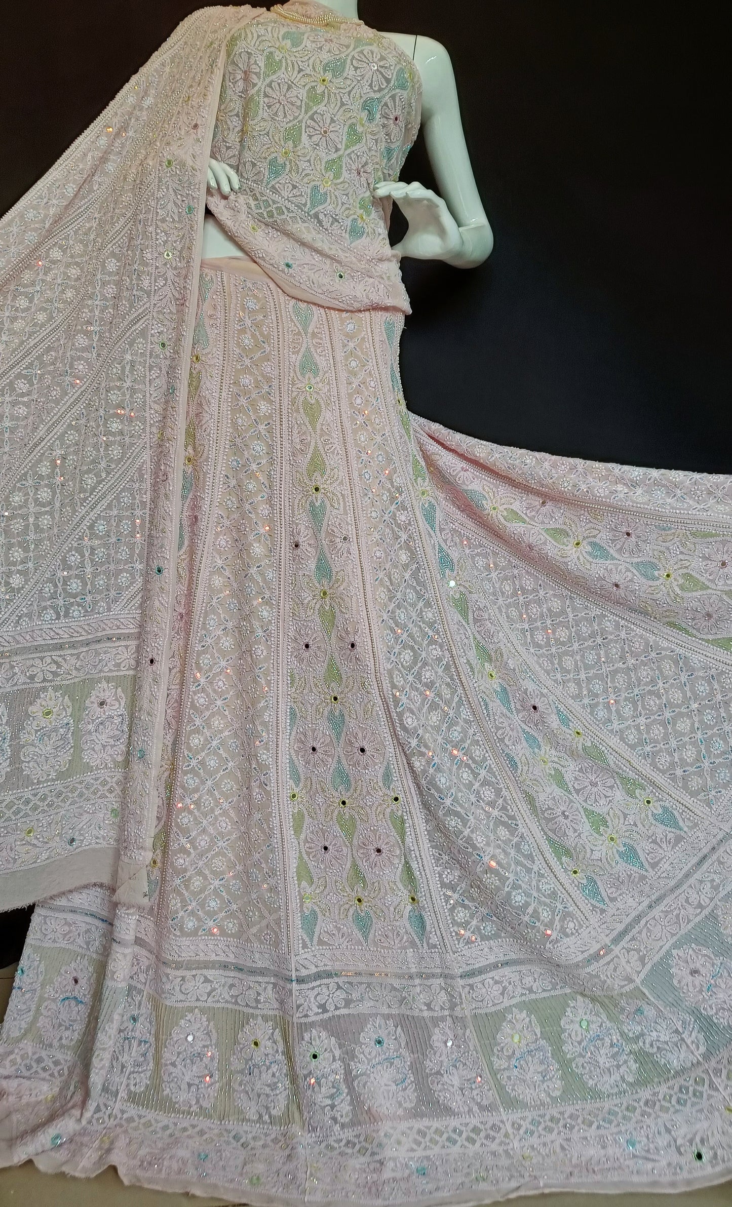 Ruhani Pink Chikankari Multicolored Cut Dana Pearl Sequins Wedding Lehenga