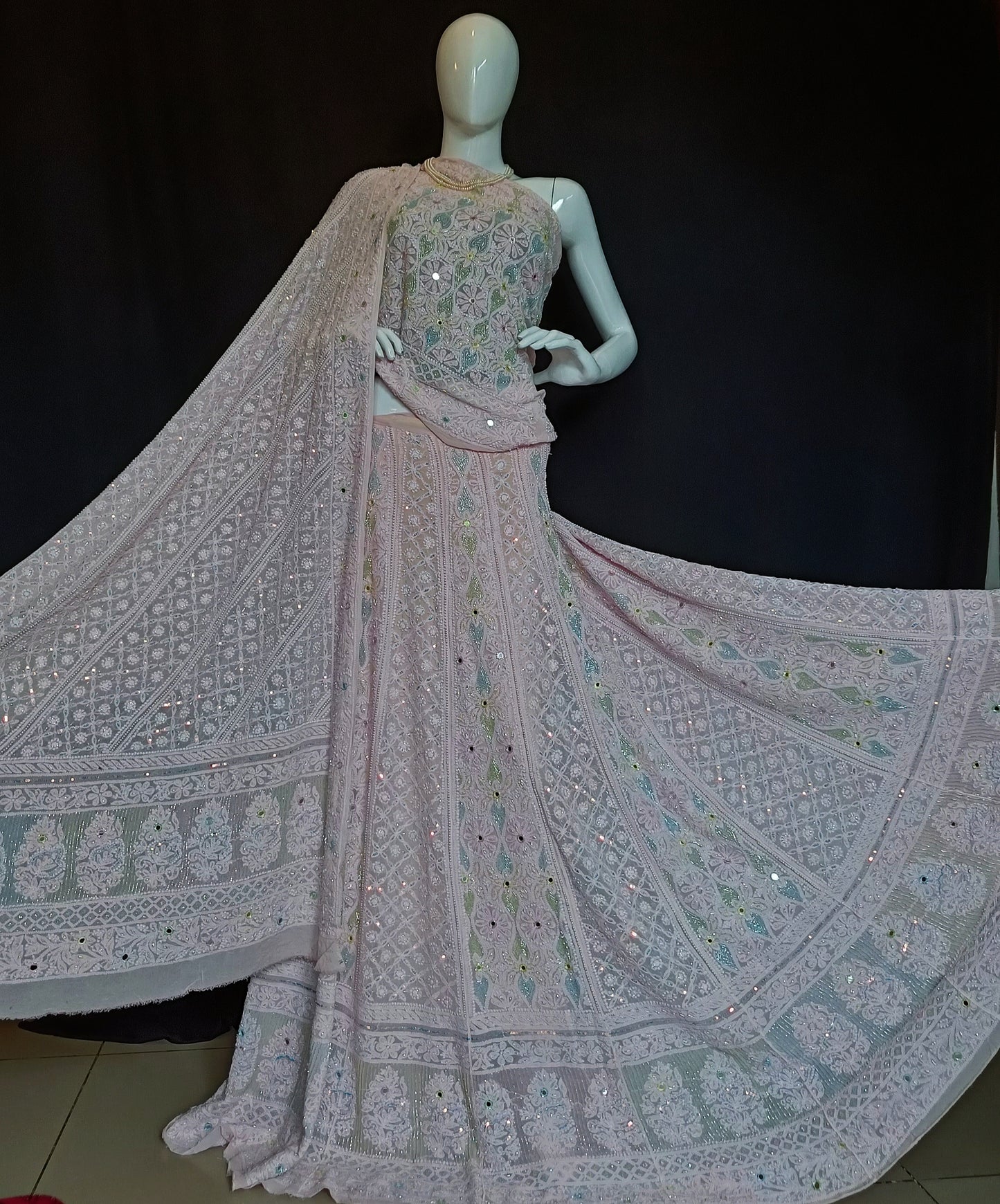 Ruhani Pink Chikankari Multicolored Cut Dana Pearl Sequins Wedding Lehenga