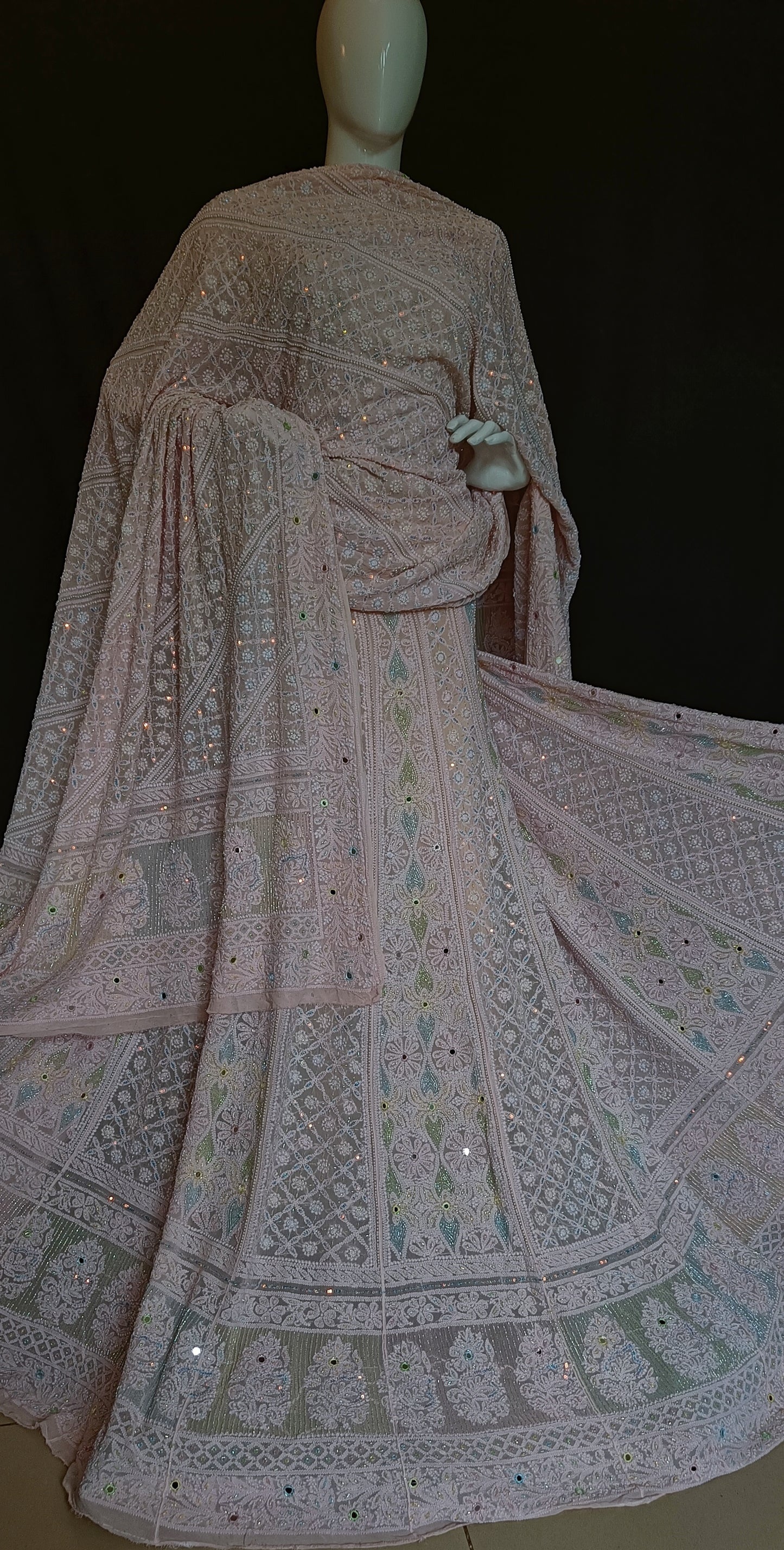 Ruhani Pink Chikankari Multicolored Cut Dana Pearl Sequins Wedding Lehenga