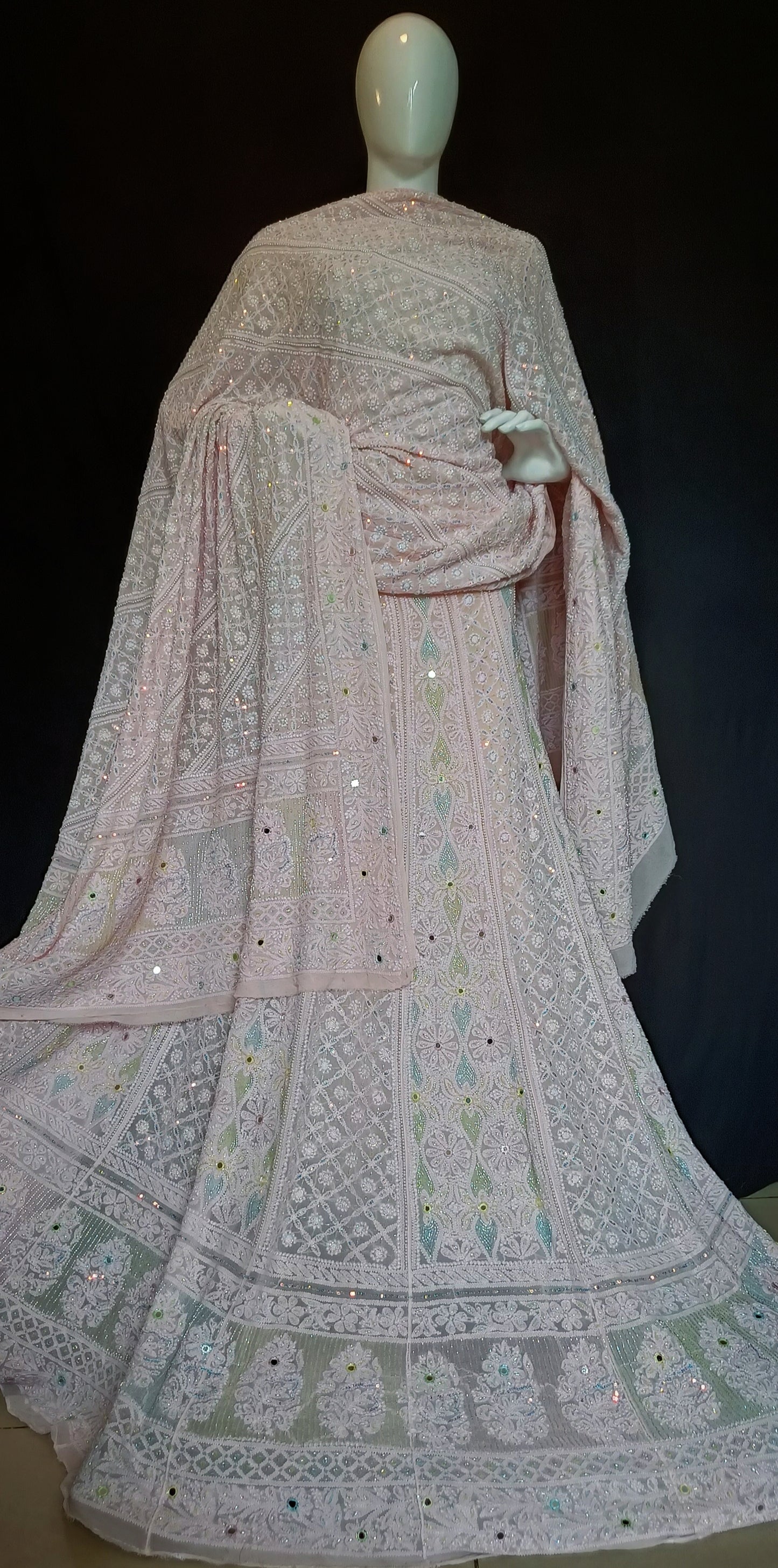 Ruhani Pink Chikankari Multicolored Cut Dana Pearl Sequins Wedding Lehenga