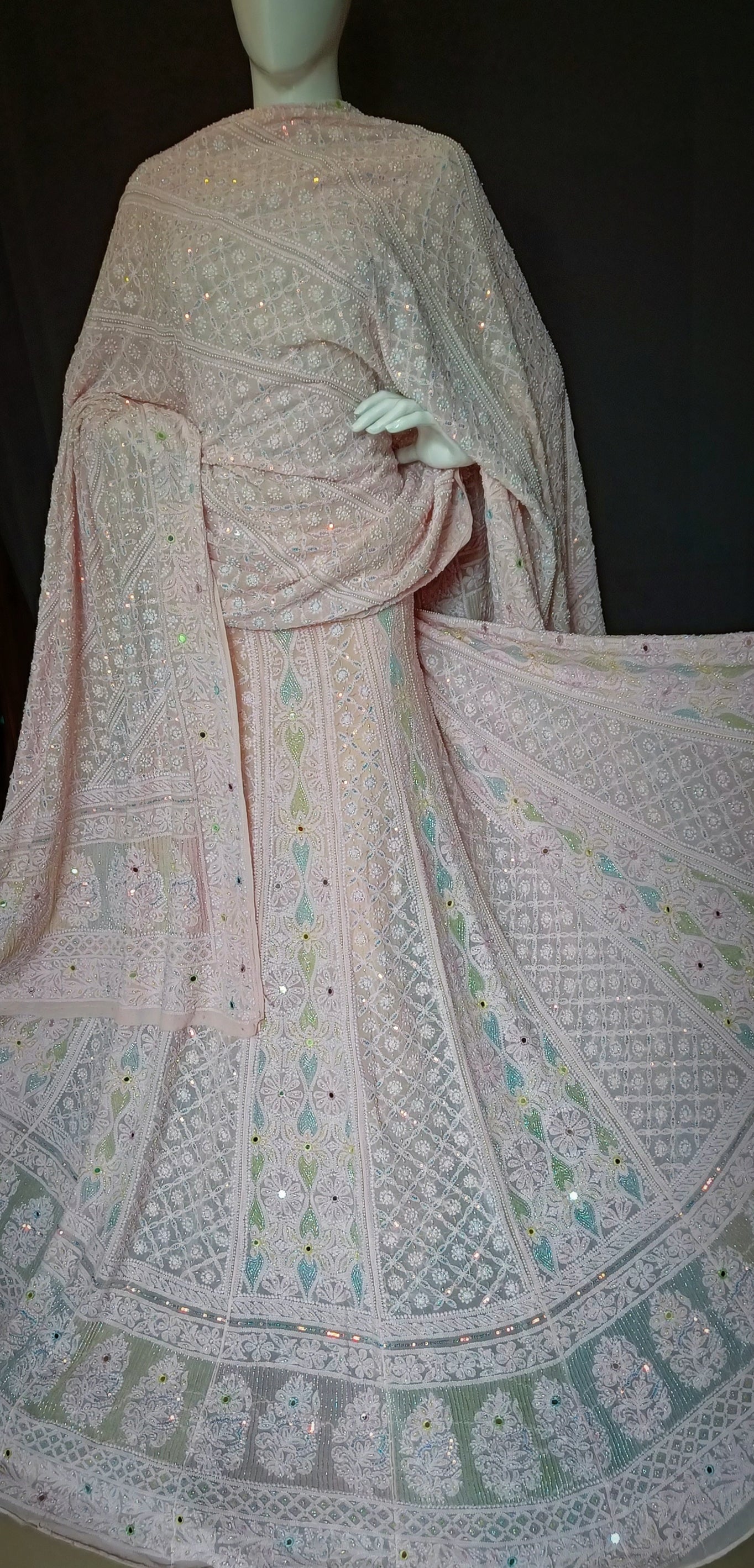 Ruhani Pink Chikankari Multicolored Cut Dana Pearl Sequins Wedding Lehenga