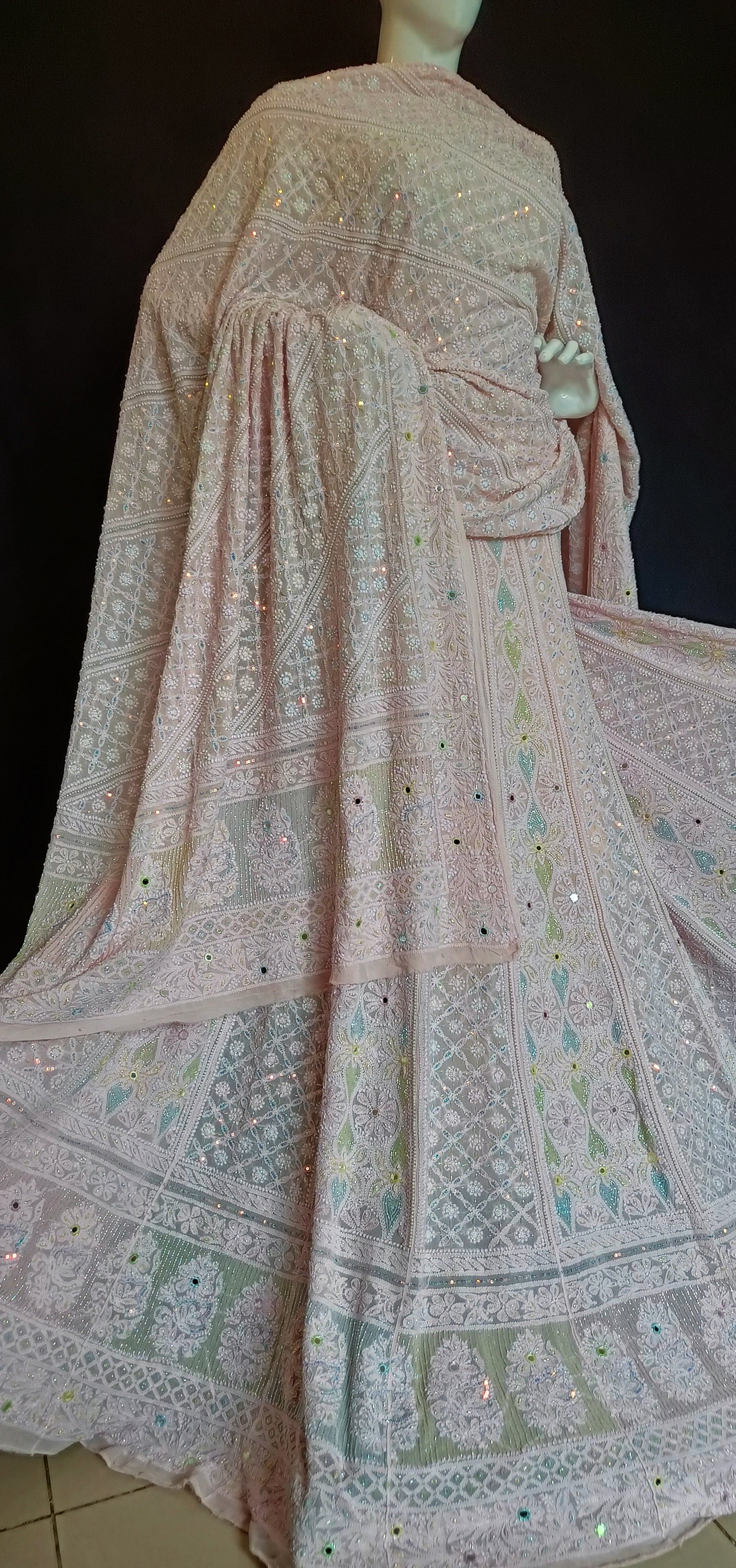 Ruhani Pink Chikankari Multicolored Cut Dana Pearl Sequins Wedding Lehenga