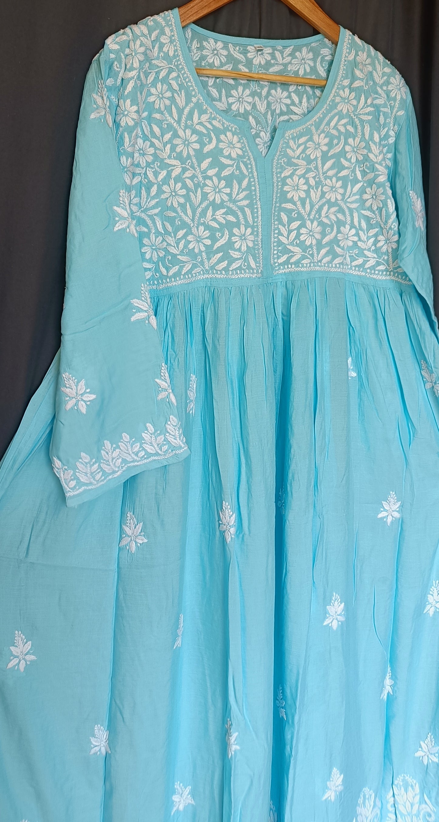 Blue Modal Cotton Chikankari Floor Length Dress Size 46