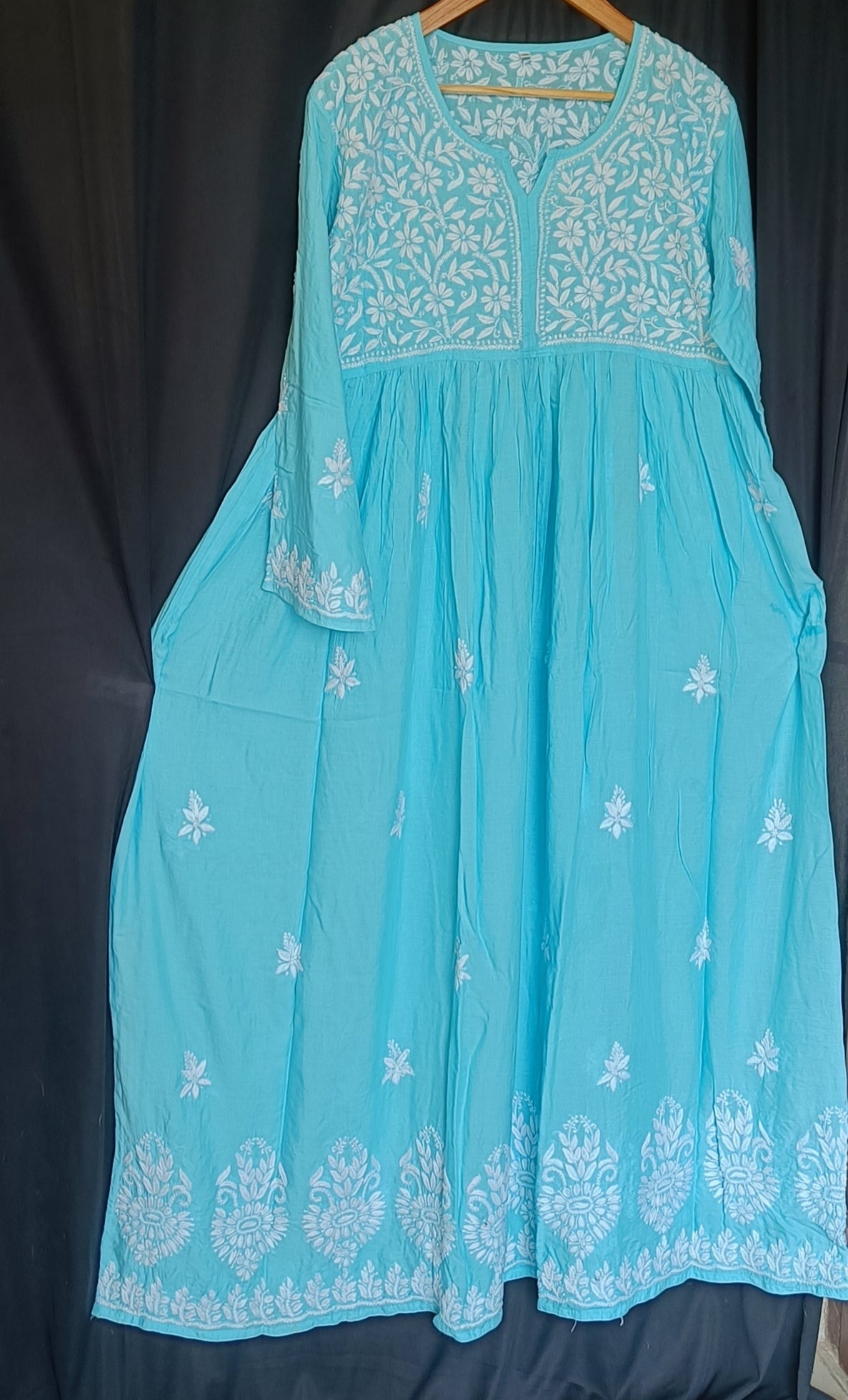 Blue Modal Cotton Chikankari Floor Length Dress Size 46