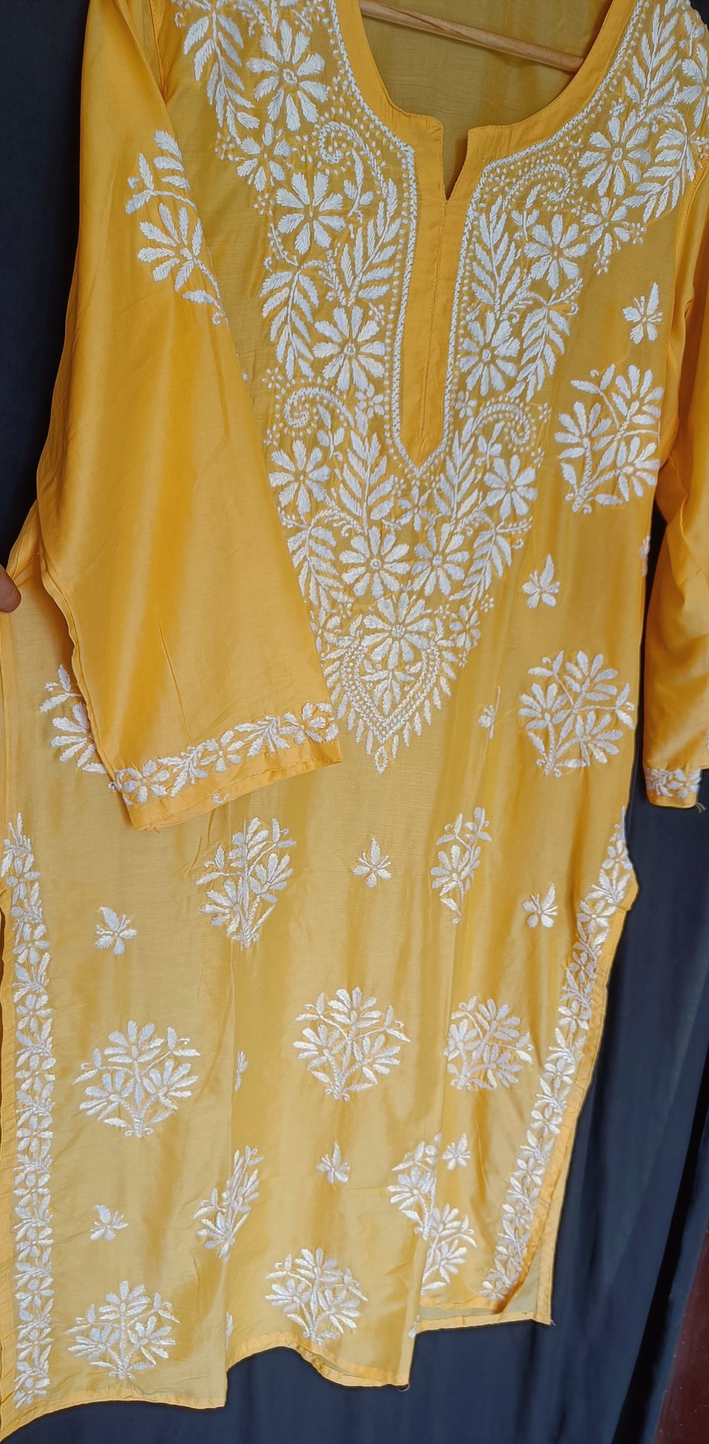 Yellow Muslin Chikankari Kurti Size 46