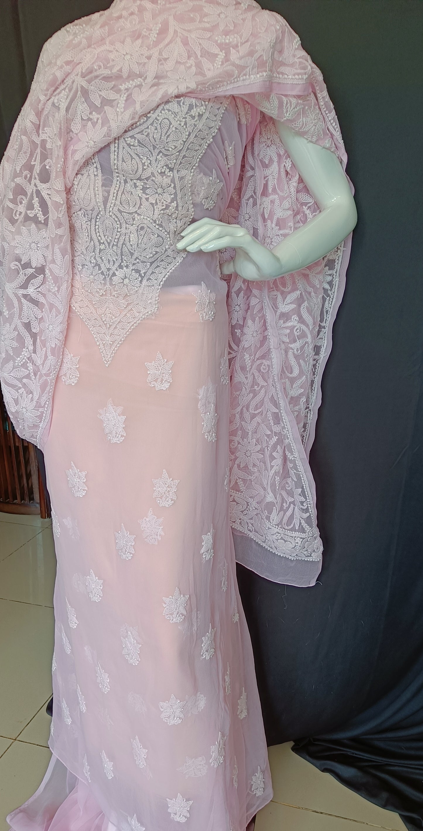 Baby Pink semi georgette full suit with jaal dupatta