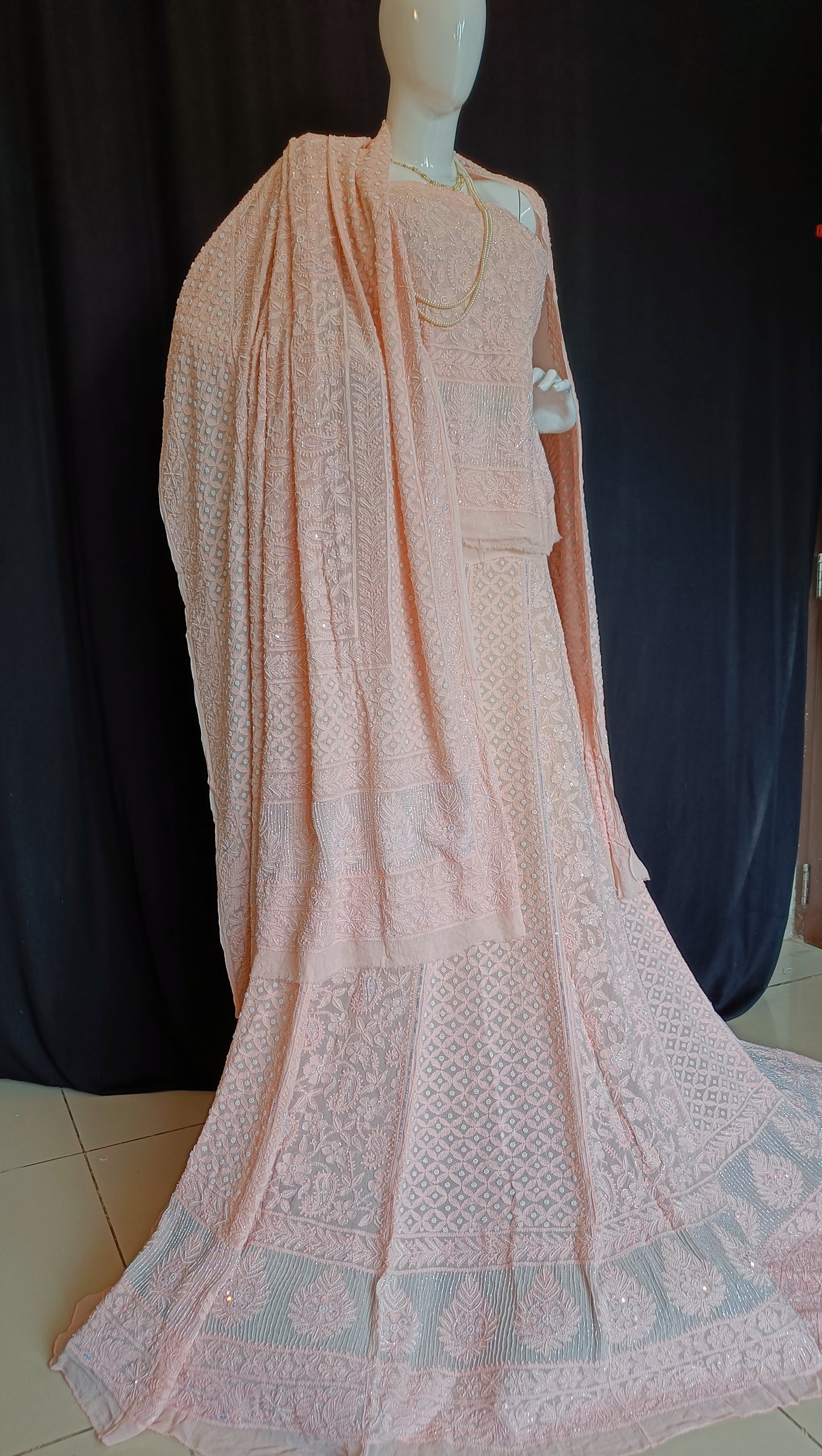 Ruhani Peach Chikankari Cut Dana Pearl Sequins Wedding Lehenga