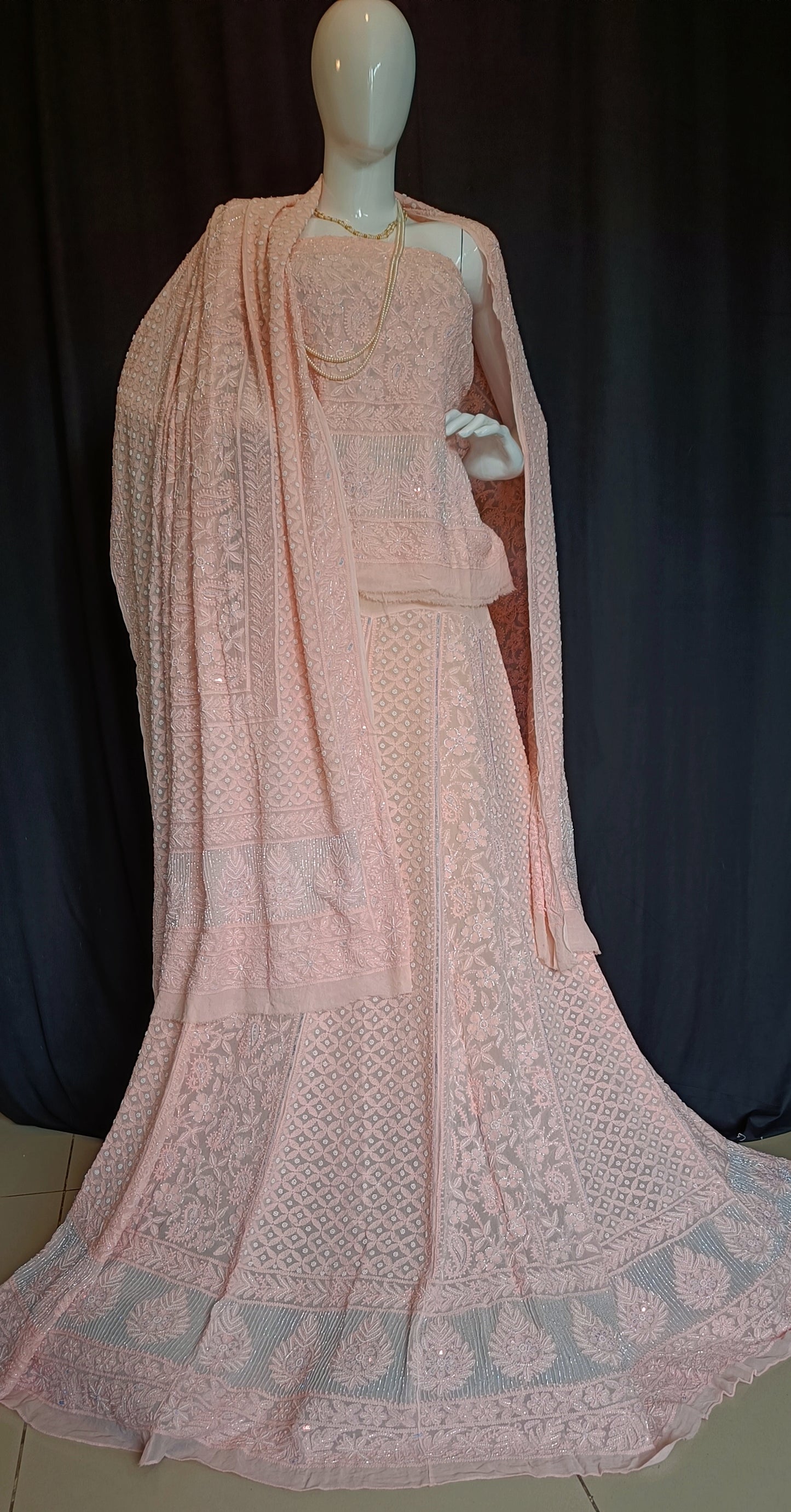 Ruhani Peach Chikankari Cut Dana Pearl Sequins Wedding Lehenga