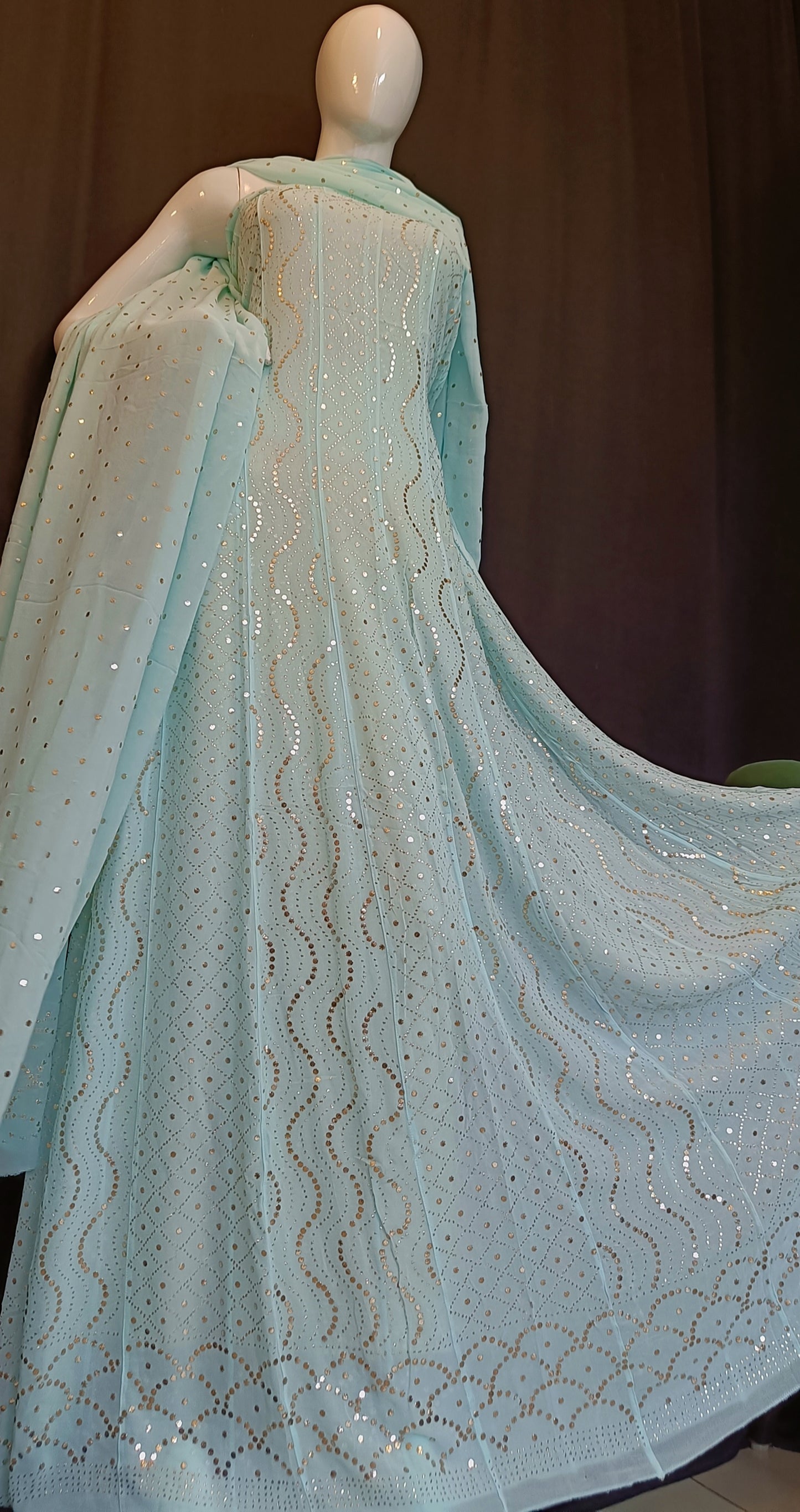Ice Mint Allover Heavy Mukaish Georgette Anarkali with Dupatta