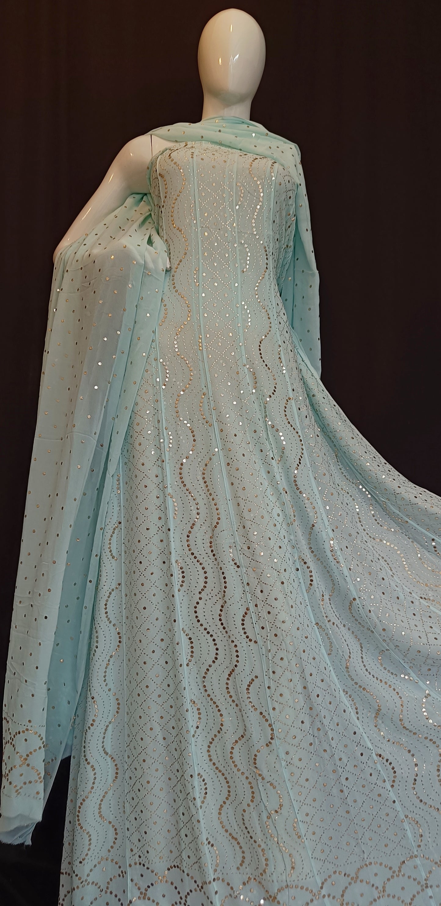Ice Mint Allover Heavy Mukaish Georgette Anarkali with Dupatta