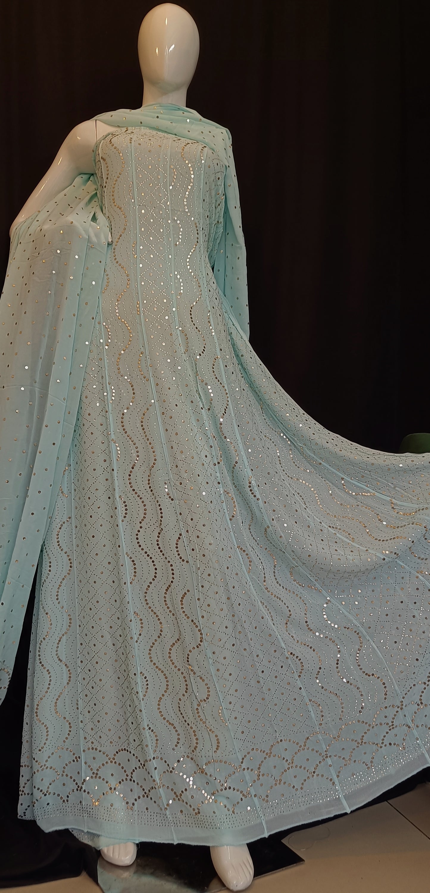 Ice Mint Allover Heavy Mukaish Georgette Anarkali with Dupatta