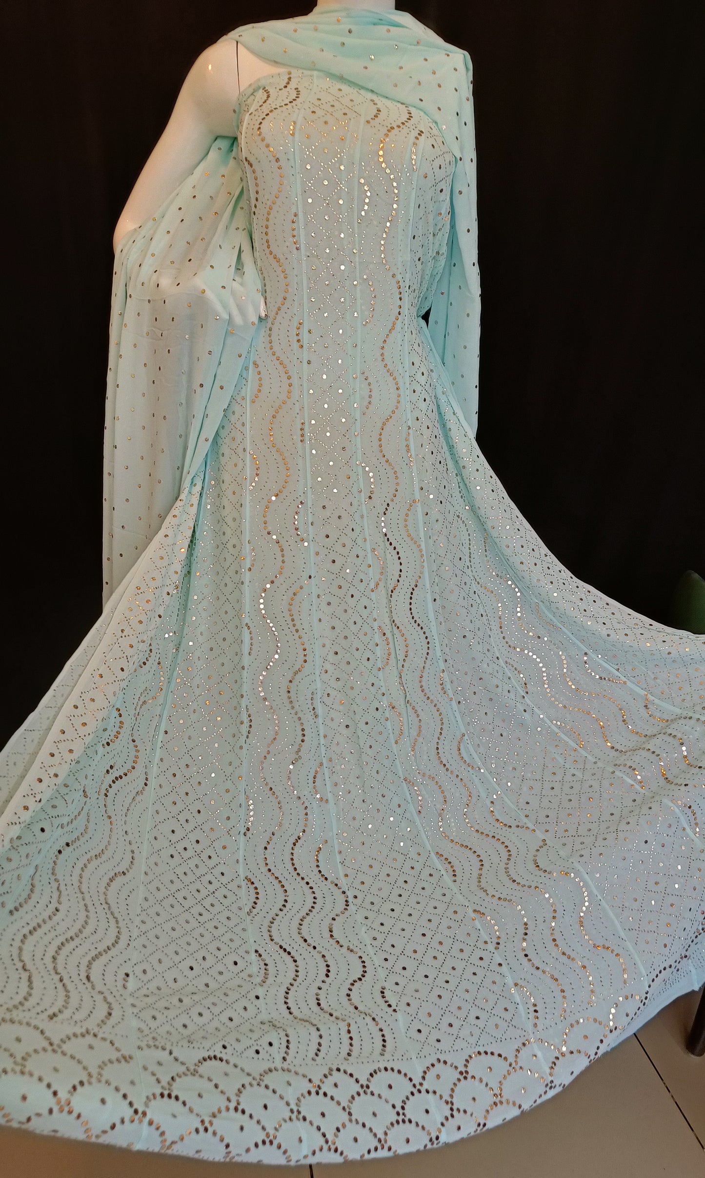 Ice Mint Allover Heavy Mukaish Georgette Anarkali with Dupatta