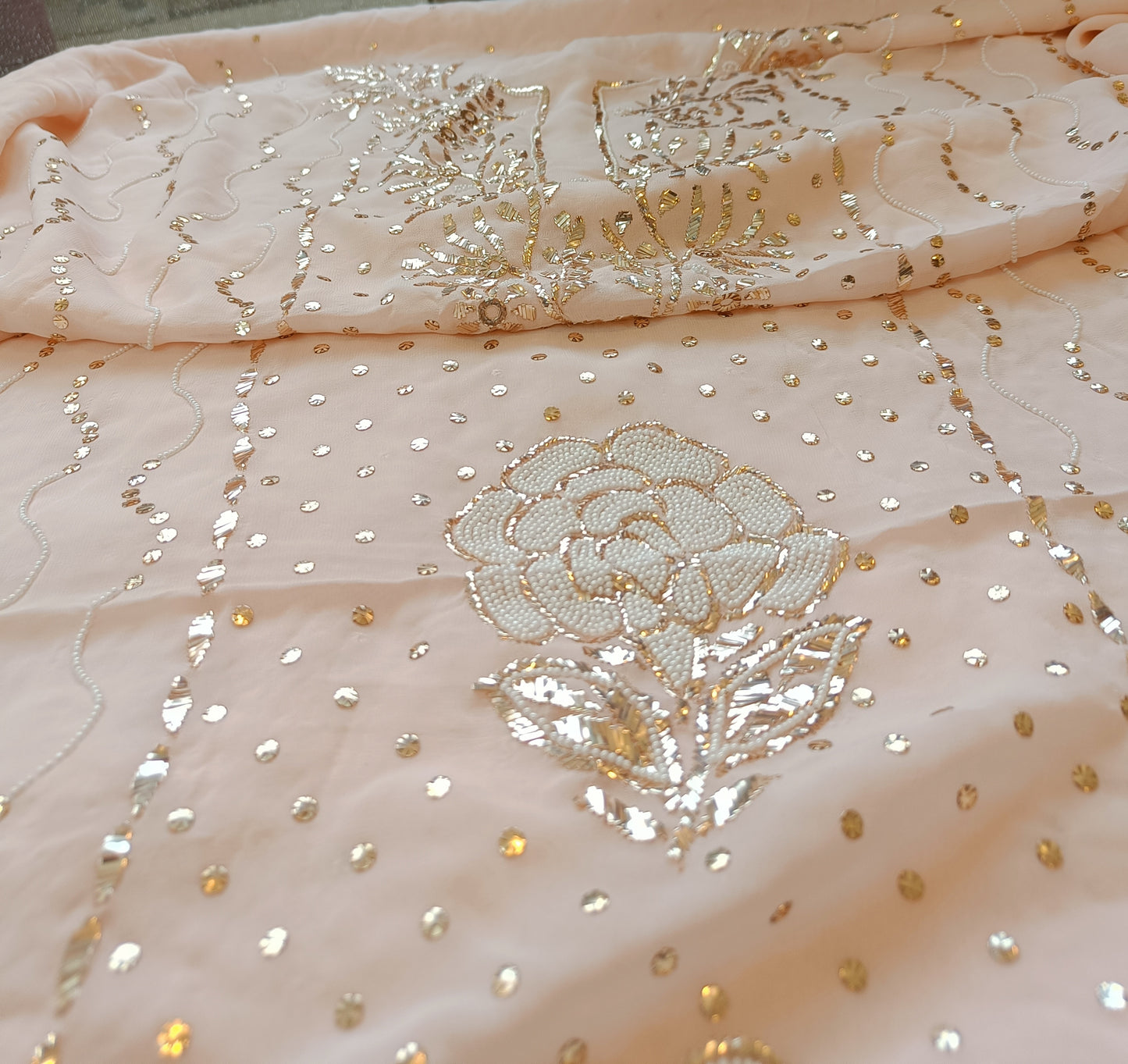 Ruhani Peach Badla and Pearl Embroidered Kurta & Dupatta Set