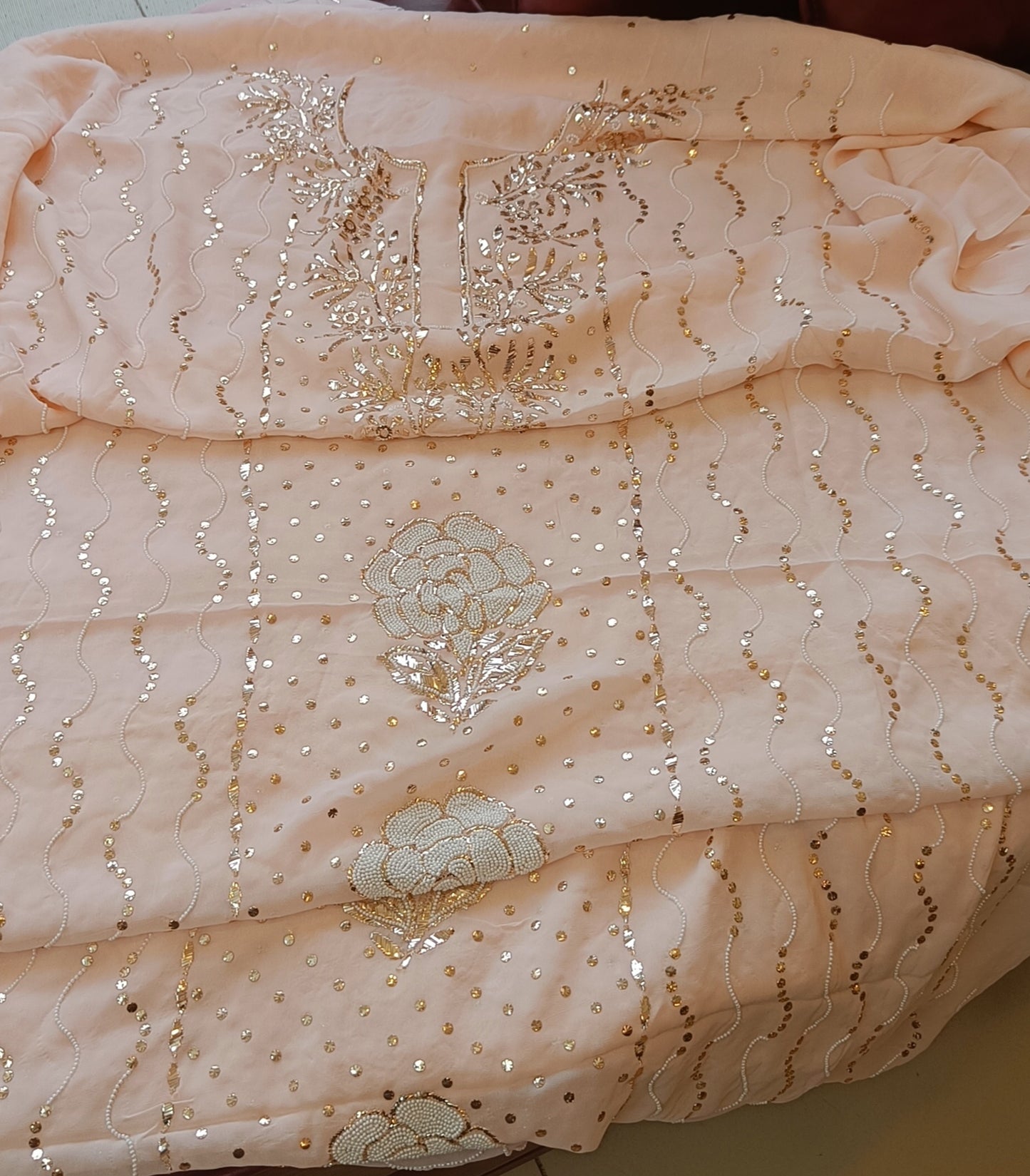 Ruhani Peach Badla and Pearl Embroidered Kurta & Dupatta Set
