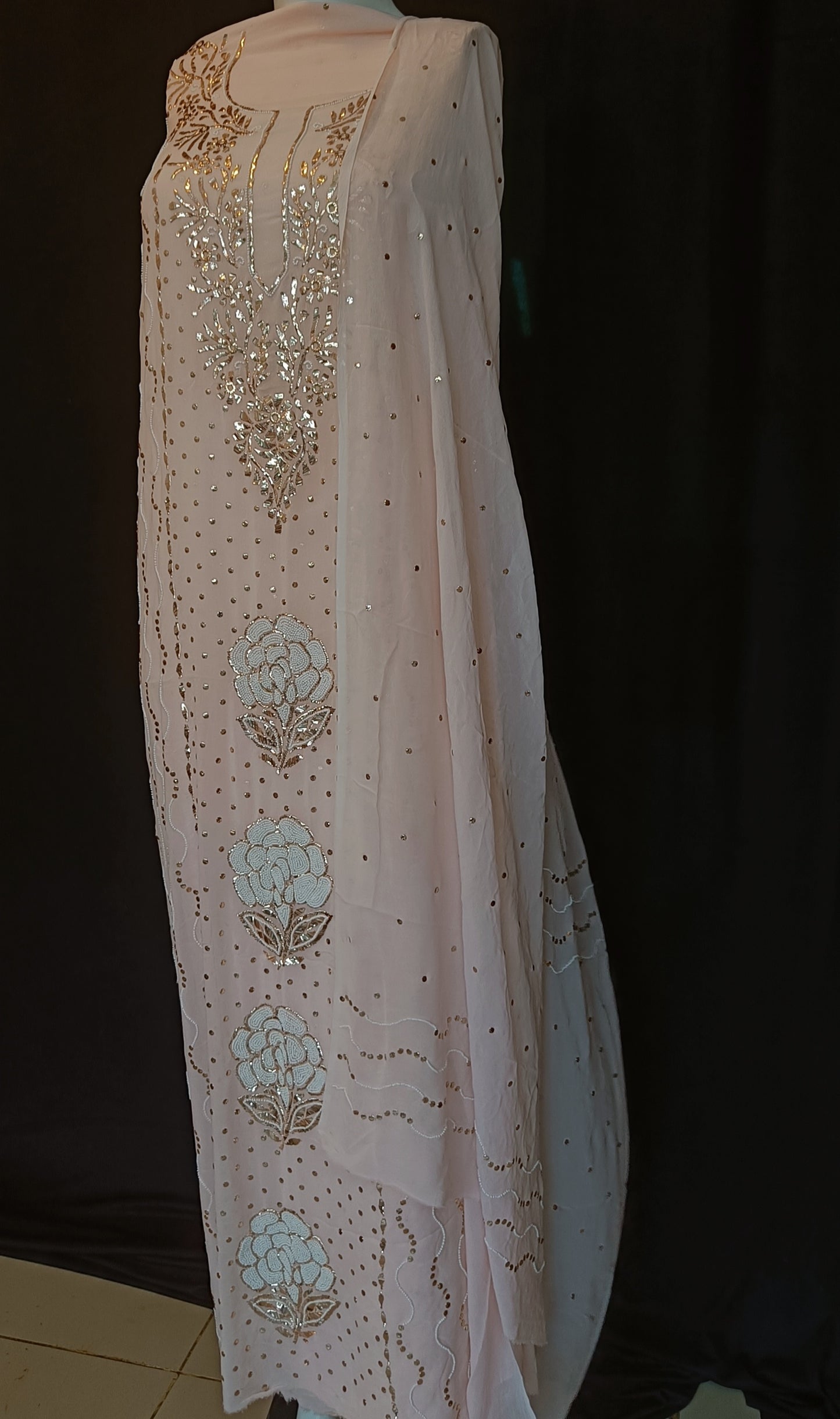 Ruhani Peach Badla and Pearl Embroidered Kurta & Dupatta Set
