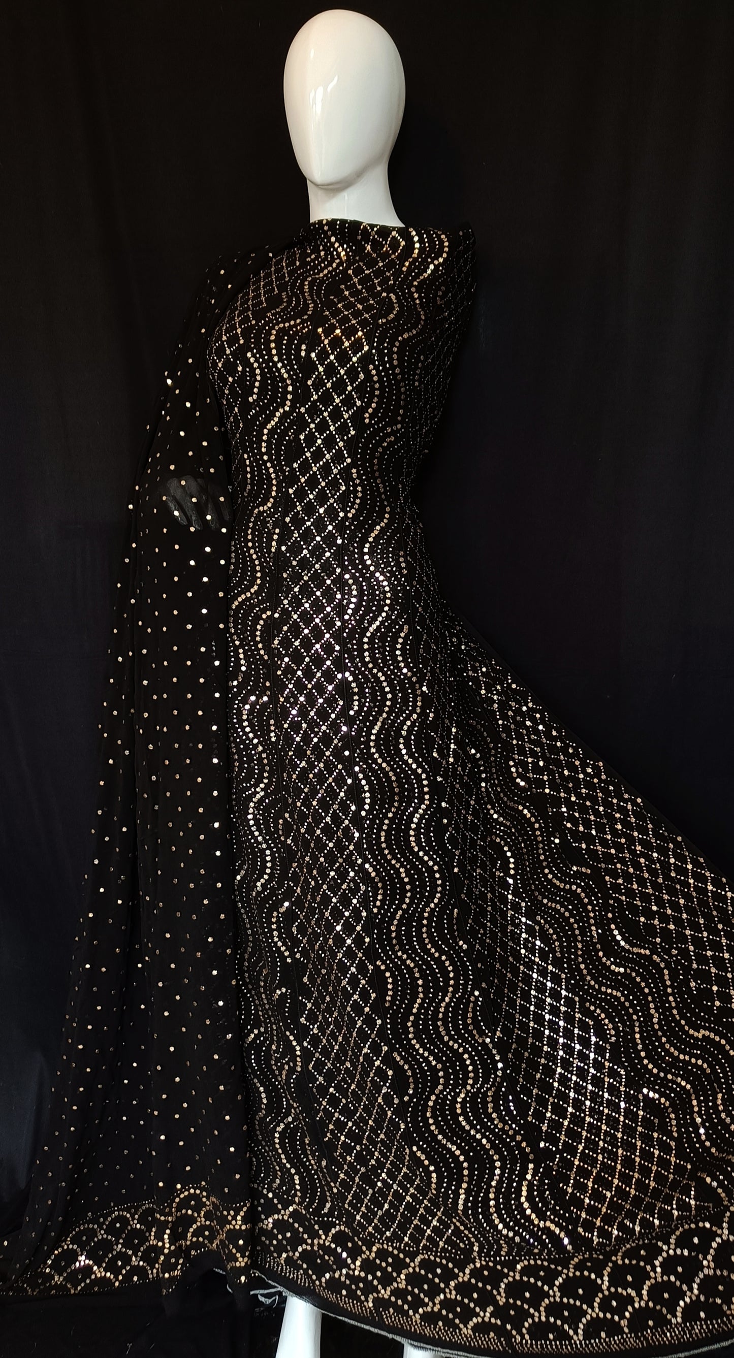 Black Allover Heavy Mukaish Georgette Anarkali with Dupatta