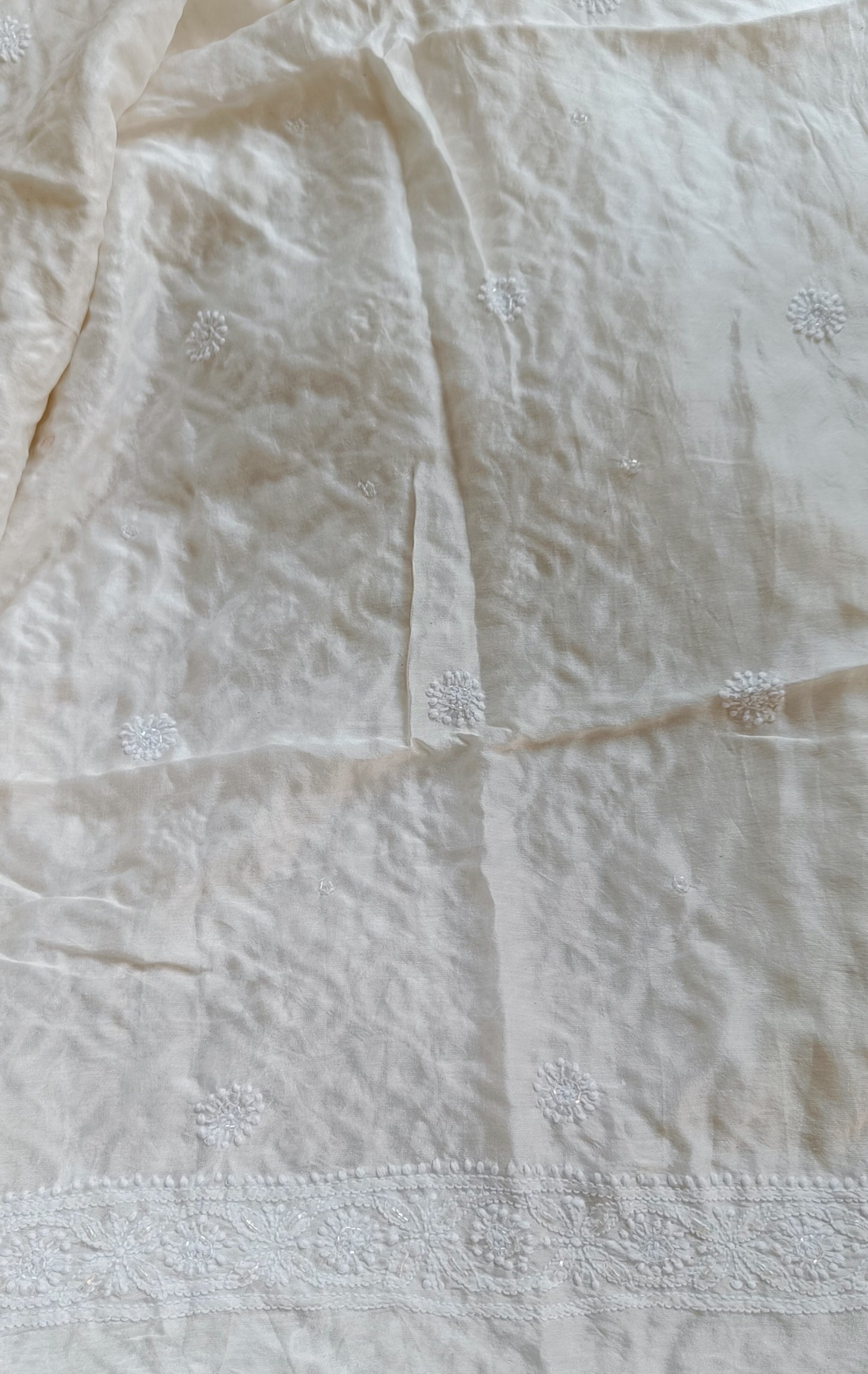 Ivory Chanderi Silk Chikankari Kurta Fabric with cut dana and pearl work