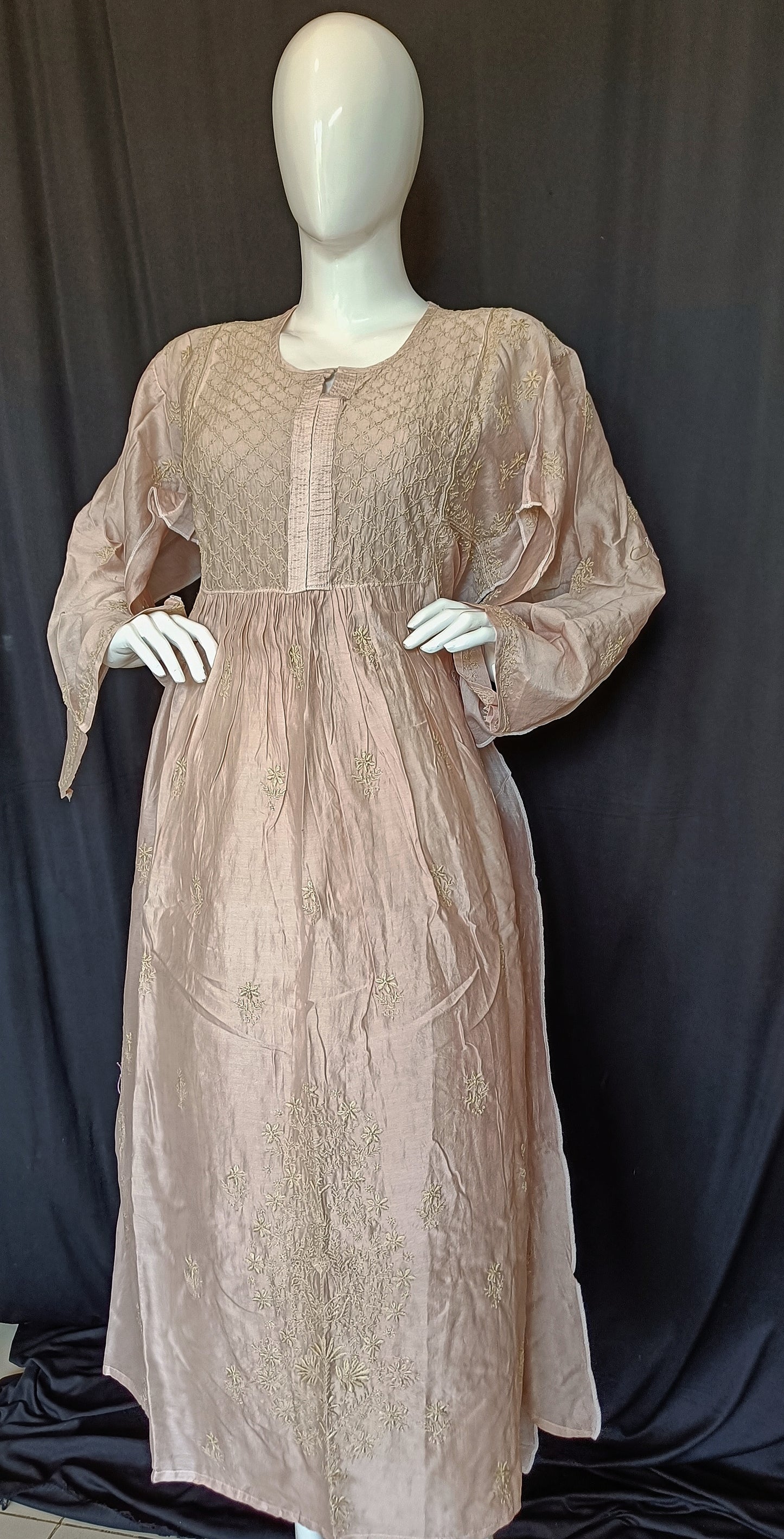 Nude Brown Mul Chanderi A Line Chikankari Kurta and Dupatta