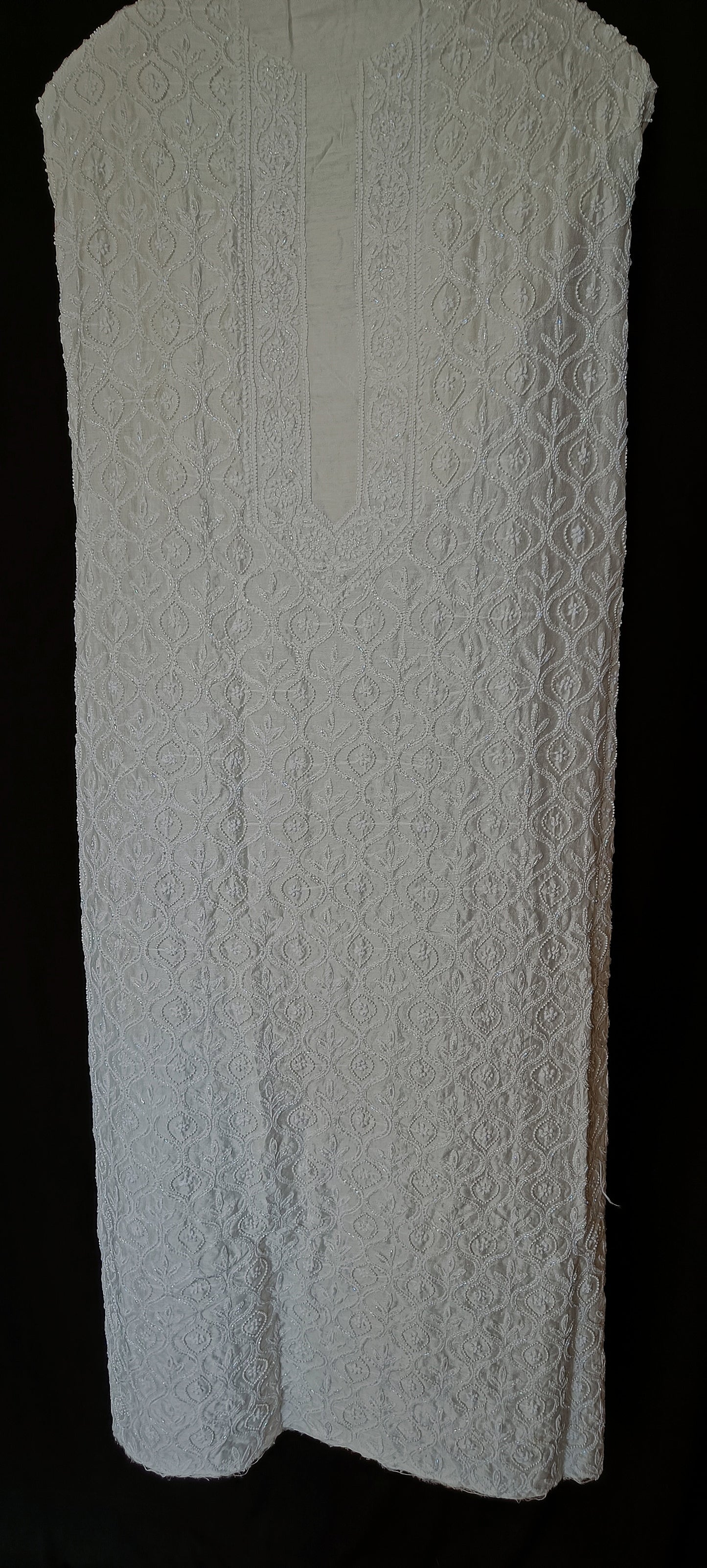 Ivory Chanderi Silk Chikankari Kurta Fabric with cut dana and pearl work