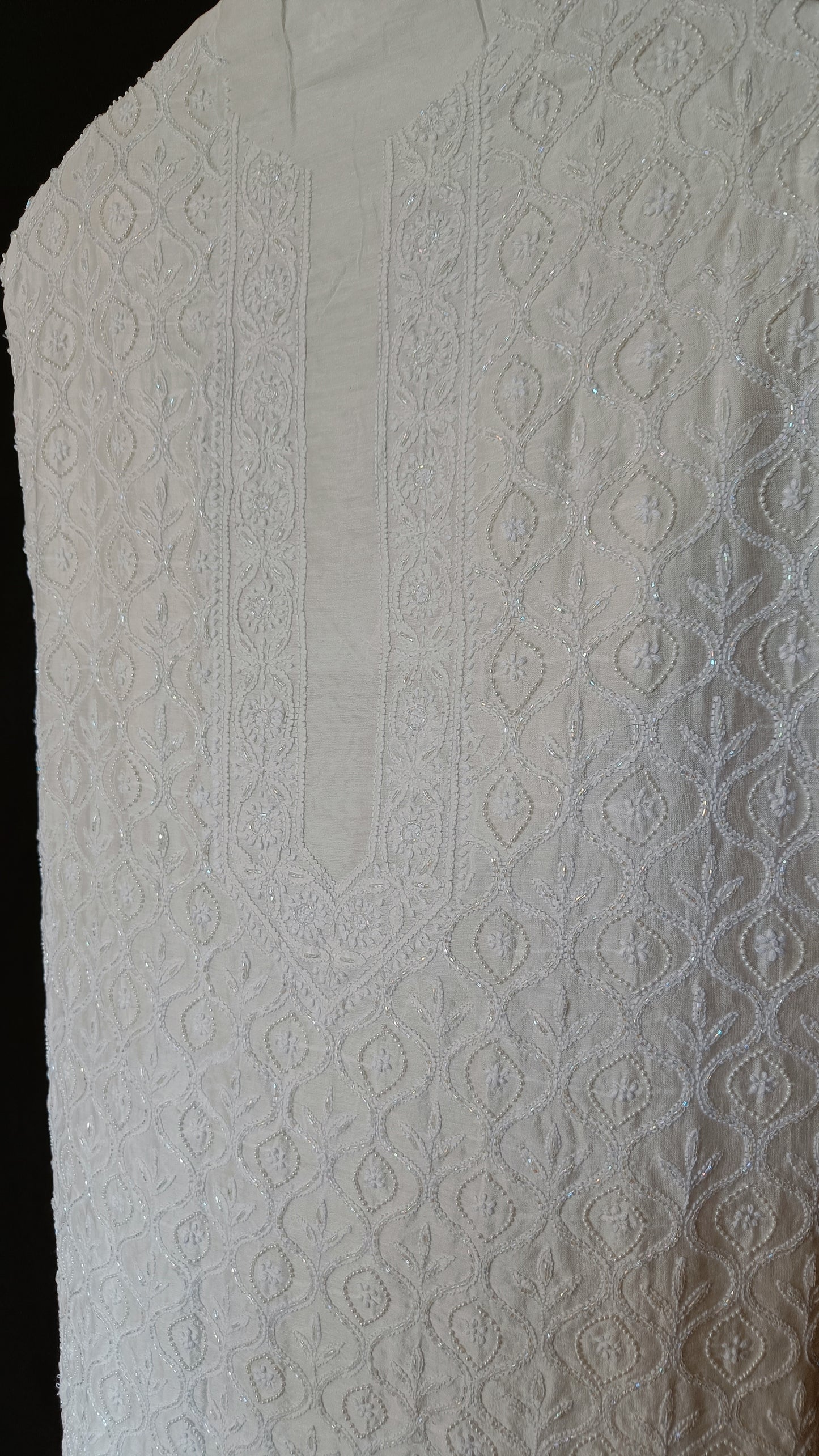Ivory Chanderi Silk Chikankari Kurta Fabric with cut dana and pearl work