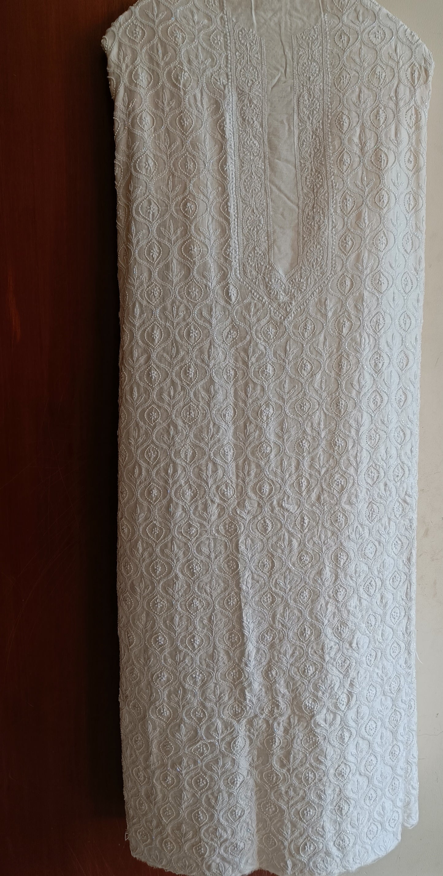 Ivory Chanderi Silk Chikankari Kurta Fabric with cut dana and pearl work