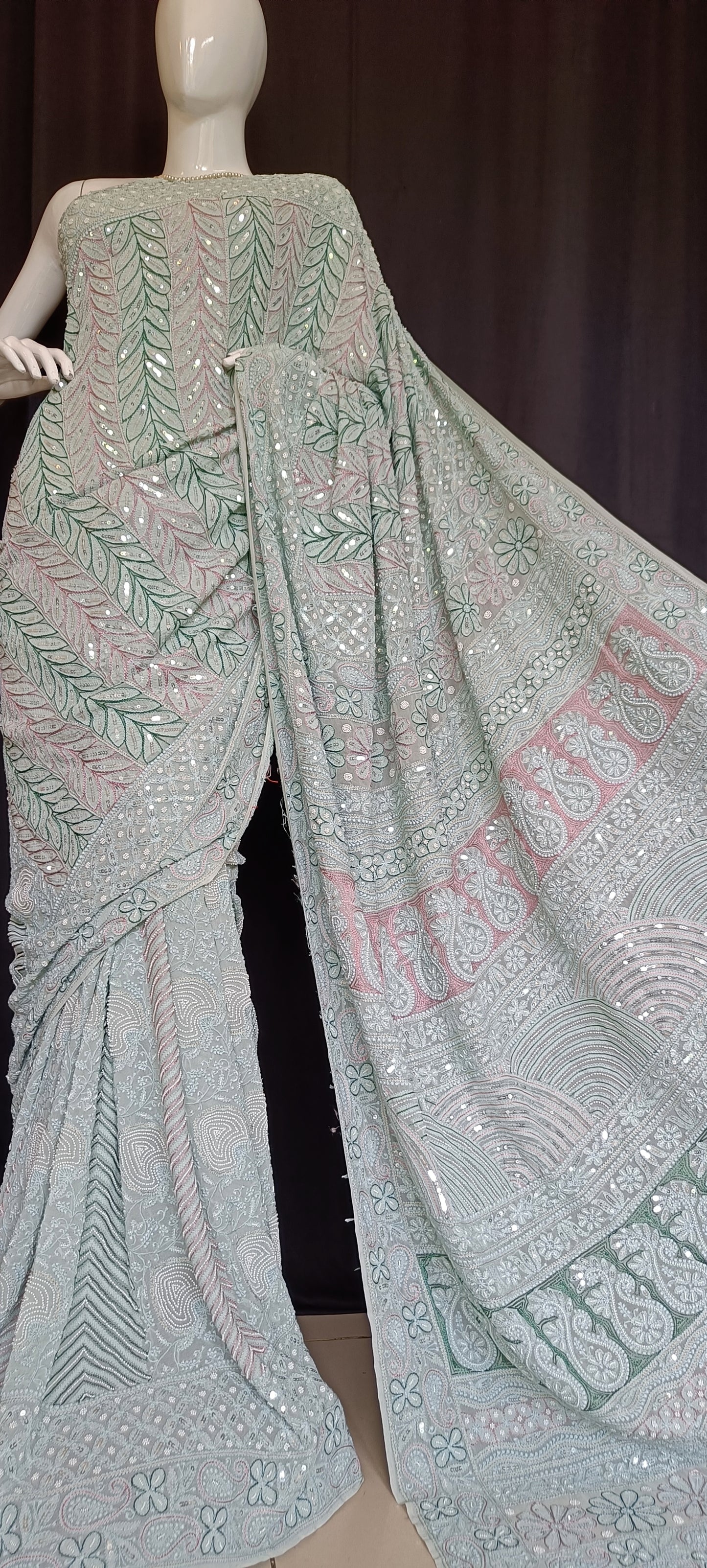 Ruhani Sage Green Chikankari Saree with Pearl Sequins and Resham Embroidery