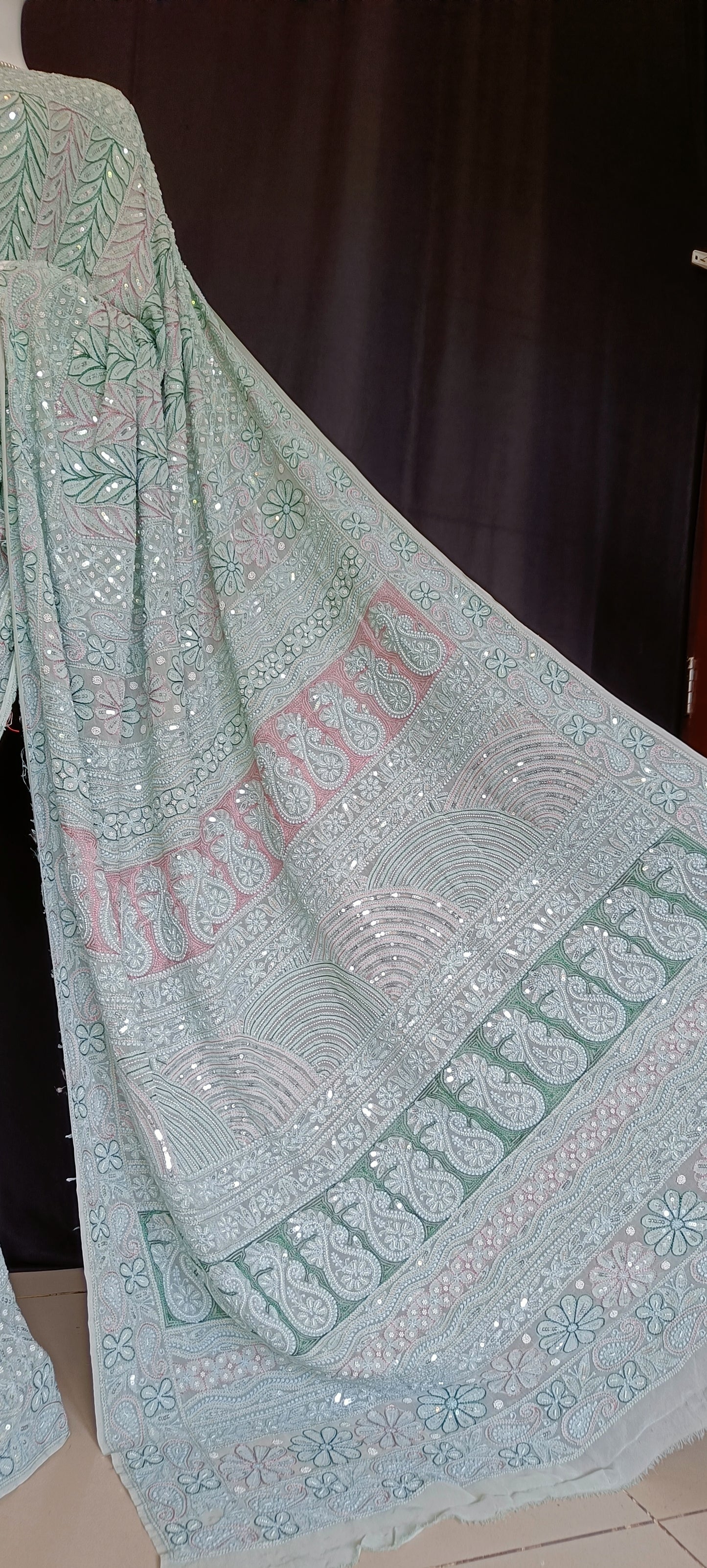 Ruhani Sage Green Chikankari Saree with Pearl Sequins and Resham Embroidery