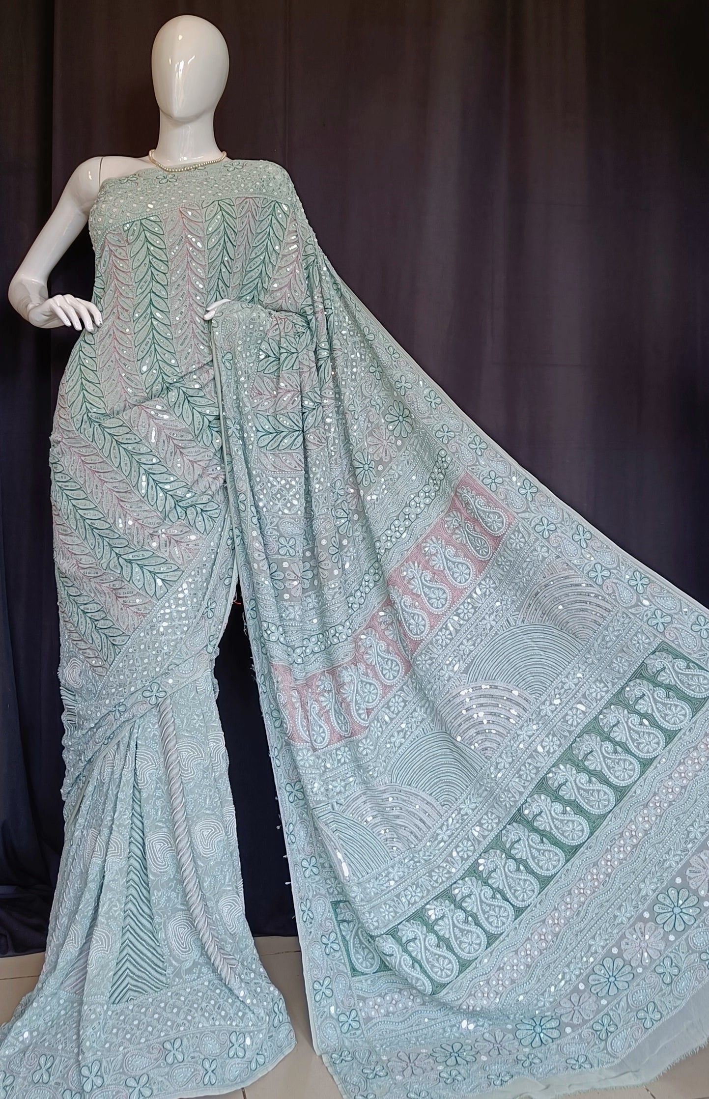 Ruhani Sage Green Chikankari Saree with Pearl Sequins and Resham Embroidery