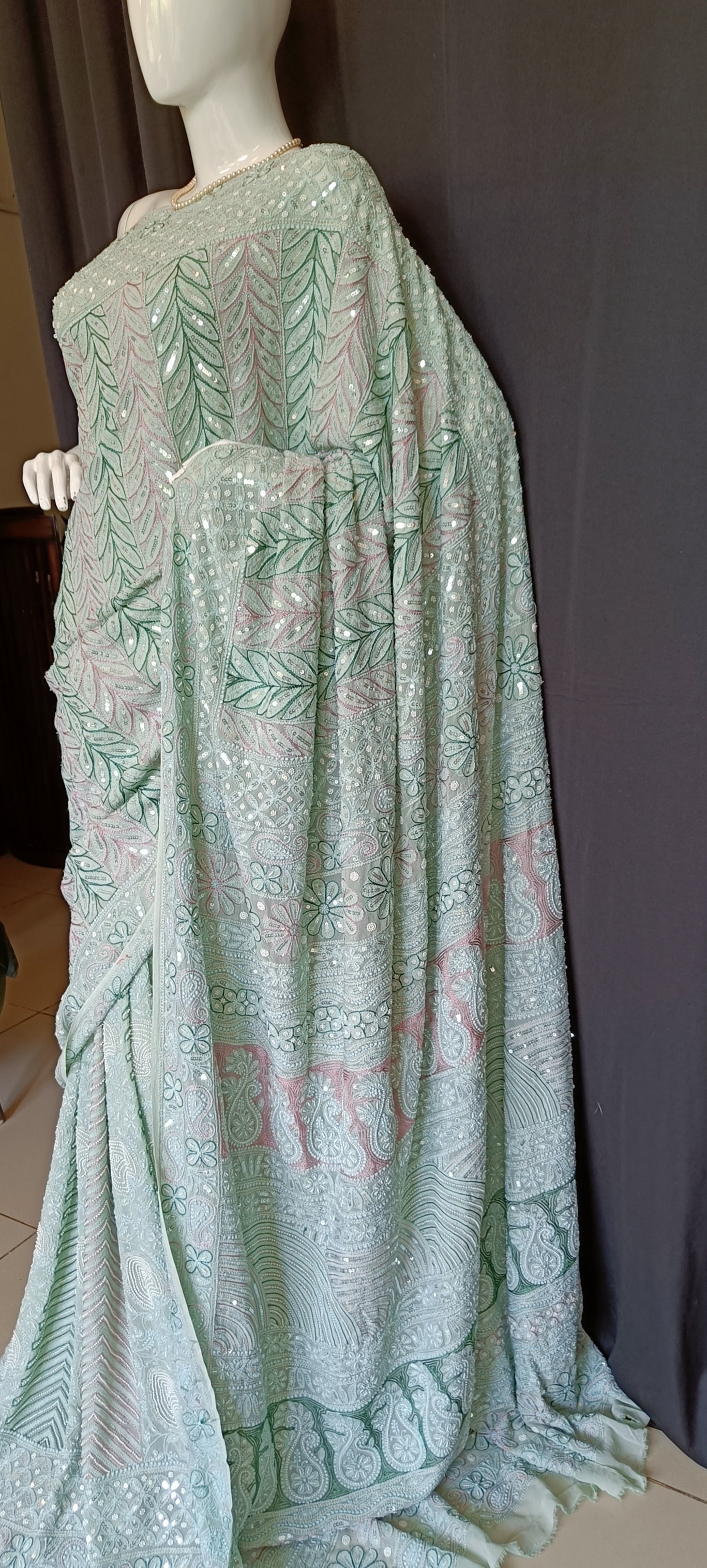 Ruhani Sage Green Chikankari Saree with Pearl Sequins and Resham Embroidery