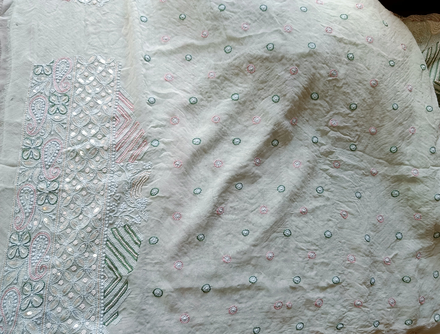 Ruhani Sage Green Chikankari Saree with Pearl Sequins and Resham Embroidery
