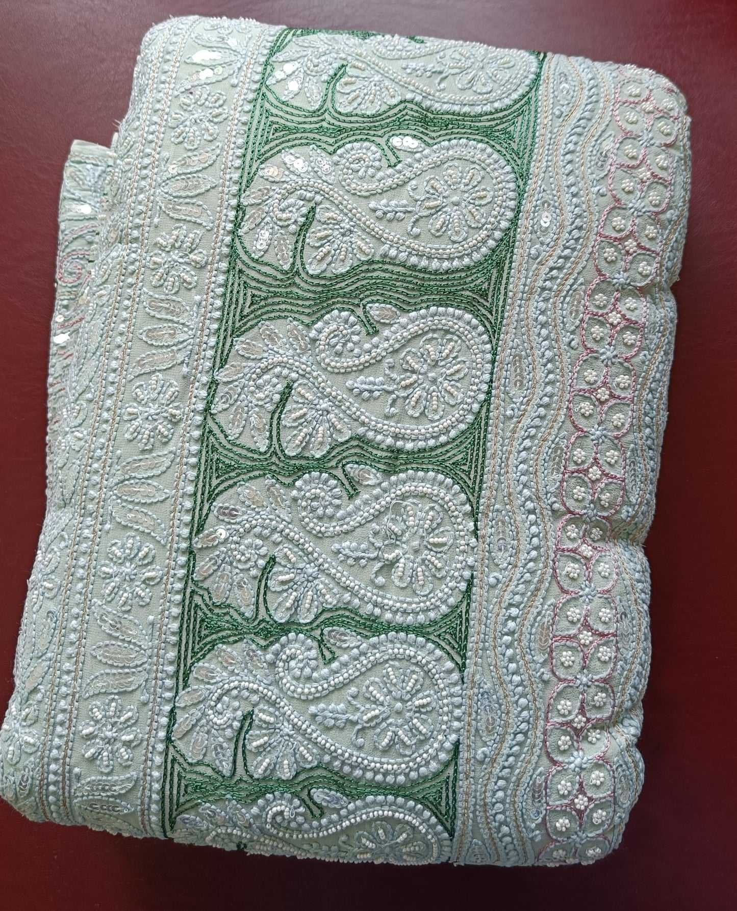 Ruhani Sage Green Chikankari Saree with Pearl Sequins and Resham Embroidery