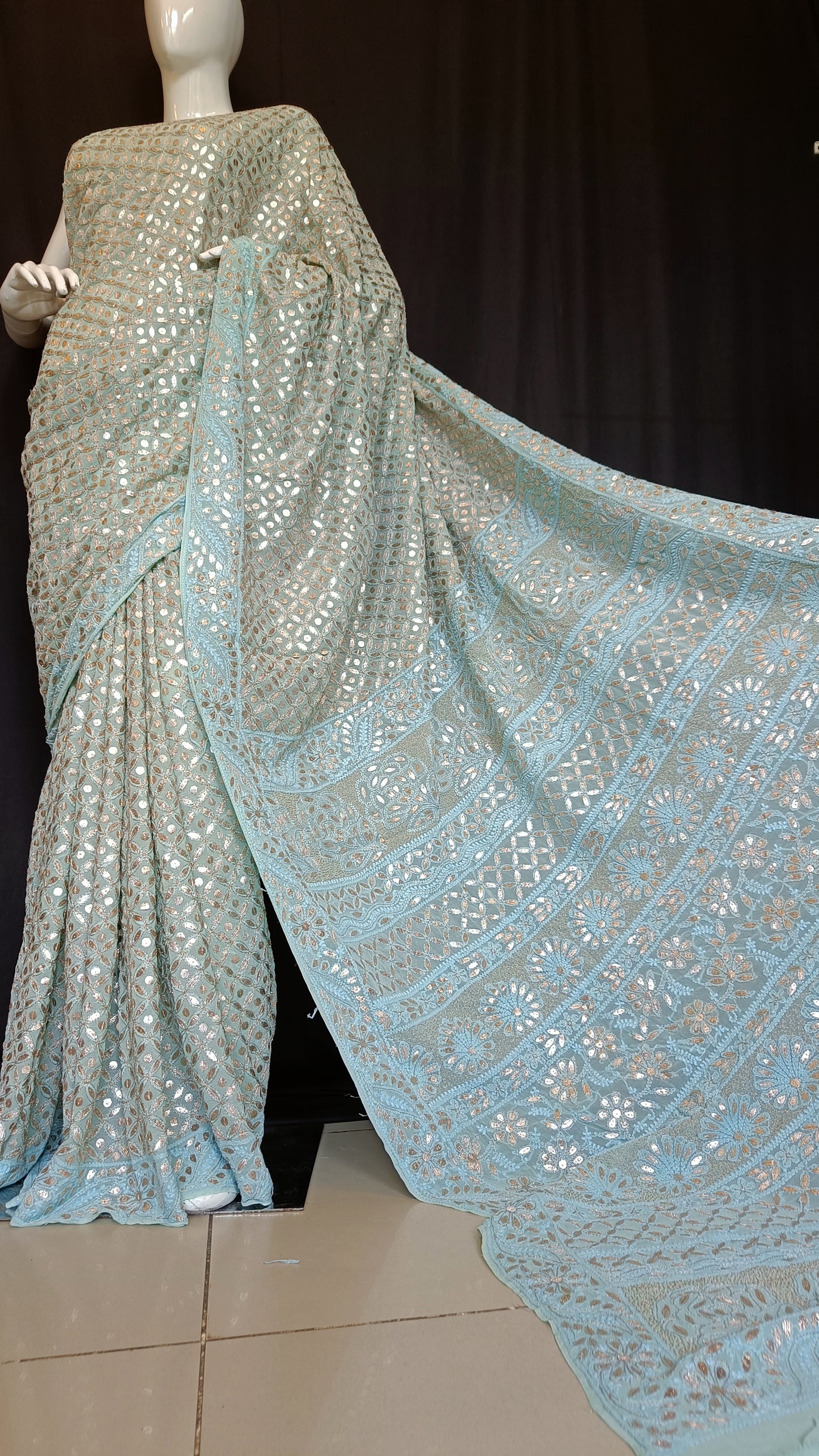 Ruhani Firozi Chikankari and Gota Patti Saree