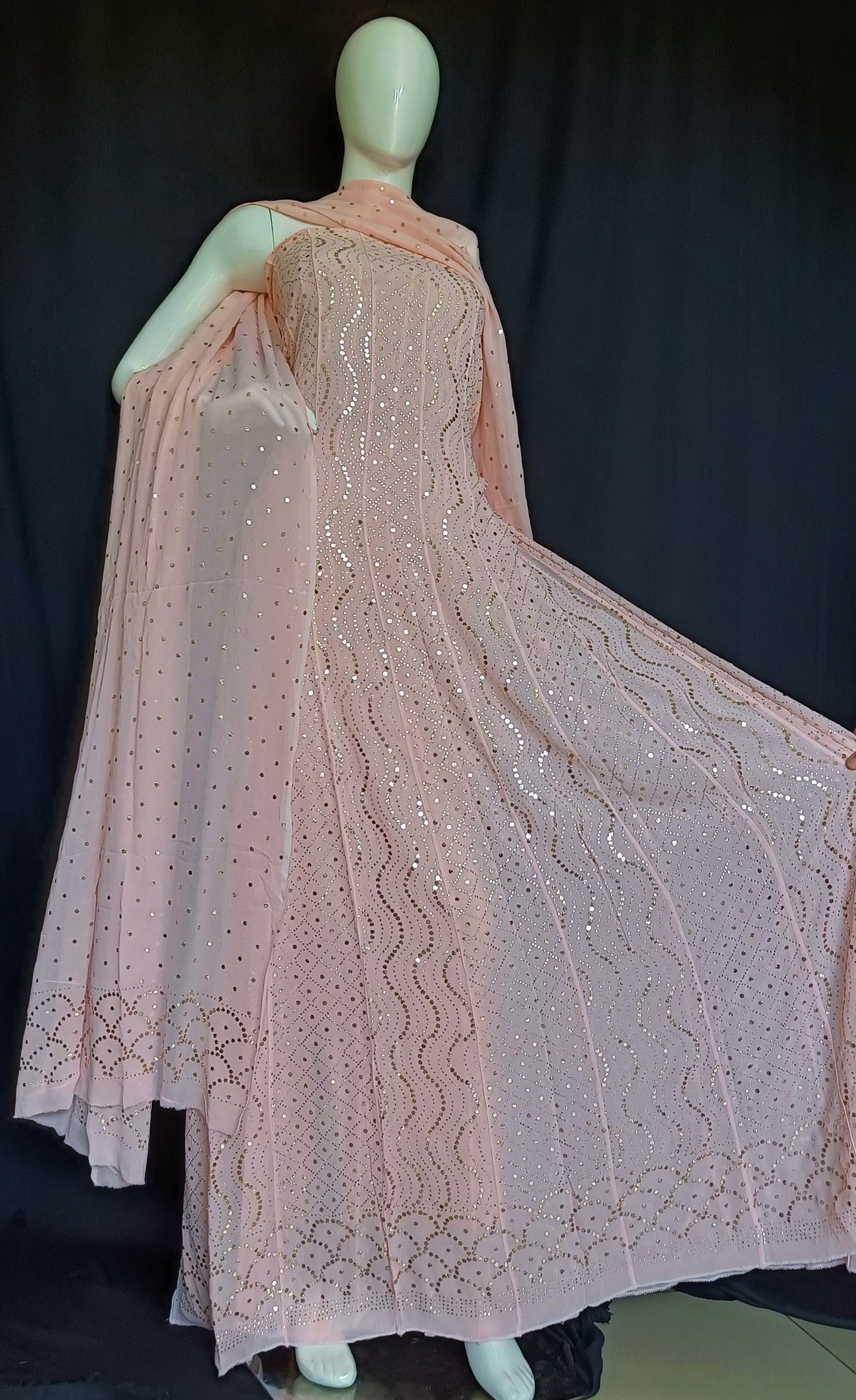 Peachy Allover Heavy Mukaish Georgette Anarkali with Dupatta