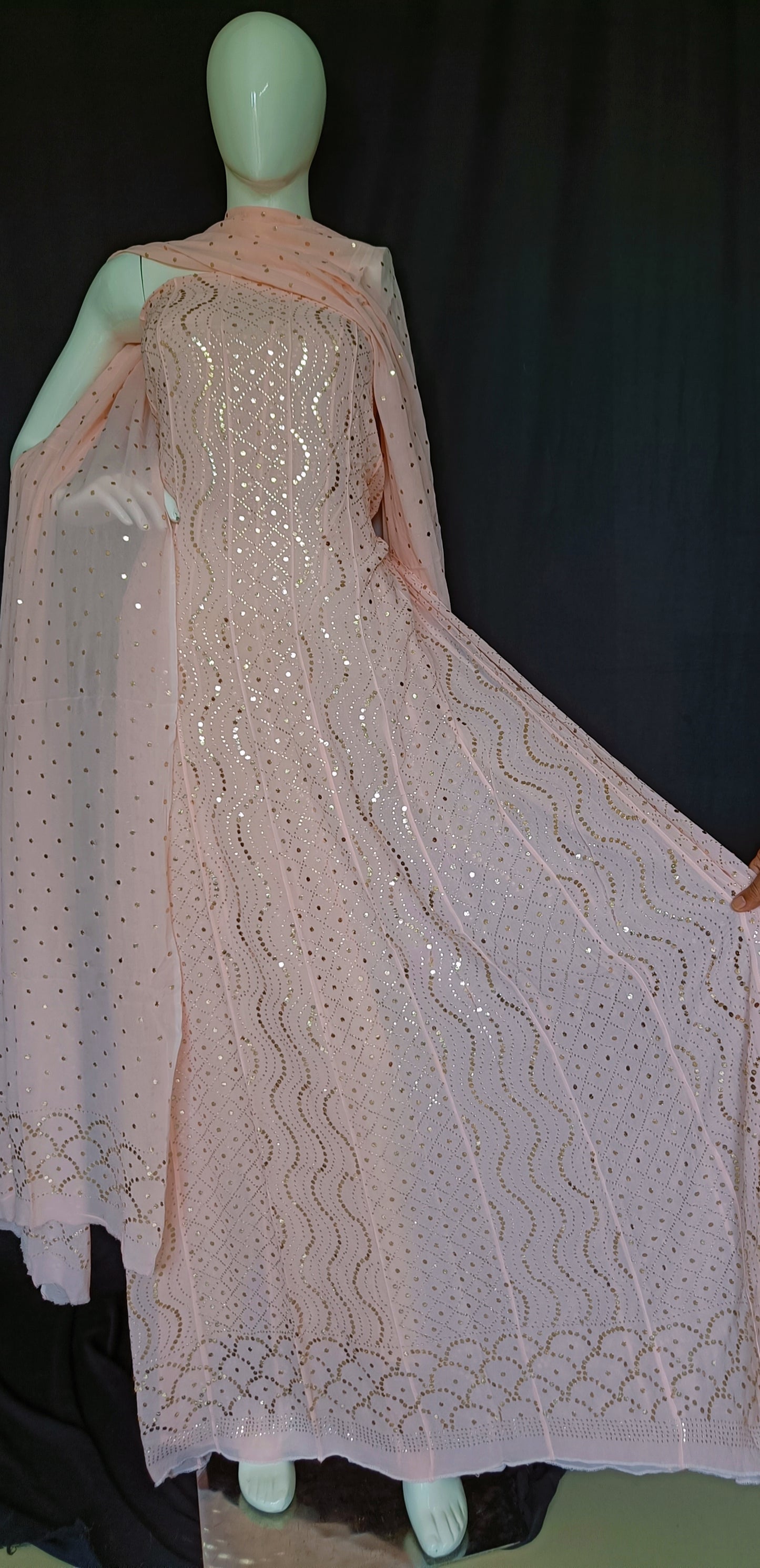 Peachy Allover Heavy Mukaish Georgette Anarkali with Dupatta