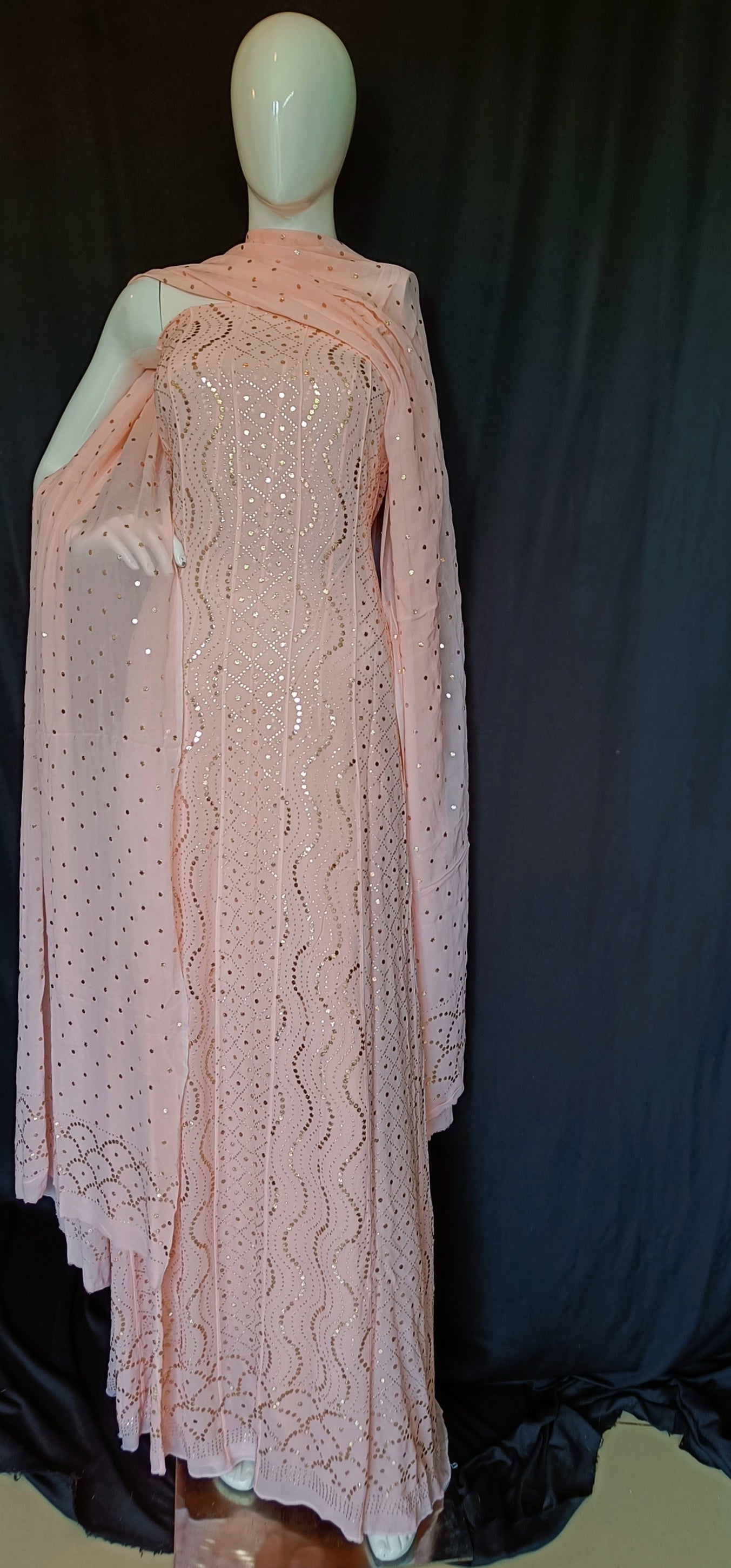 Peachy Allover Heavy Mukaish Georgette Anarkali with Dupatta