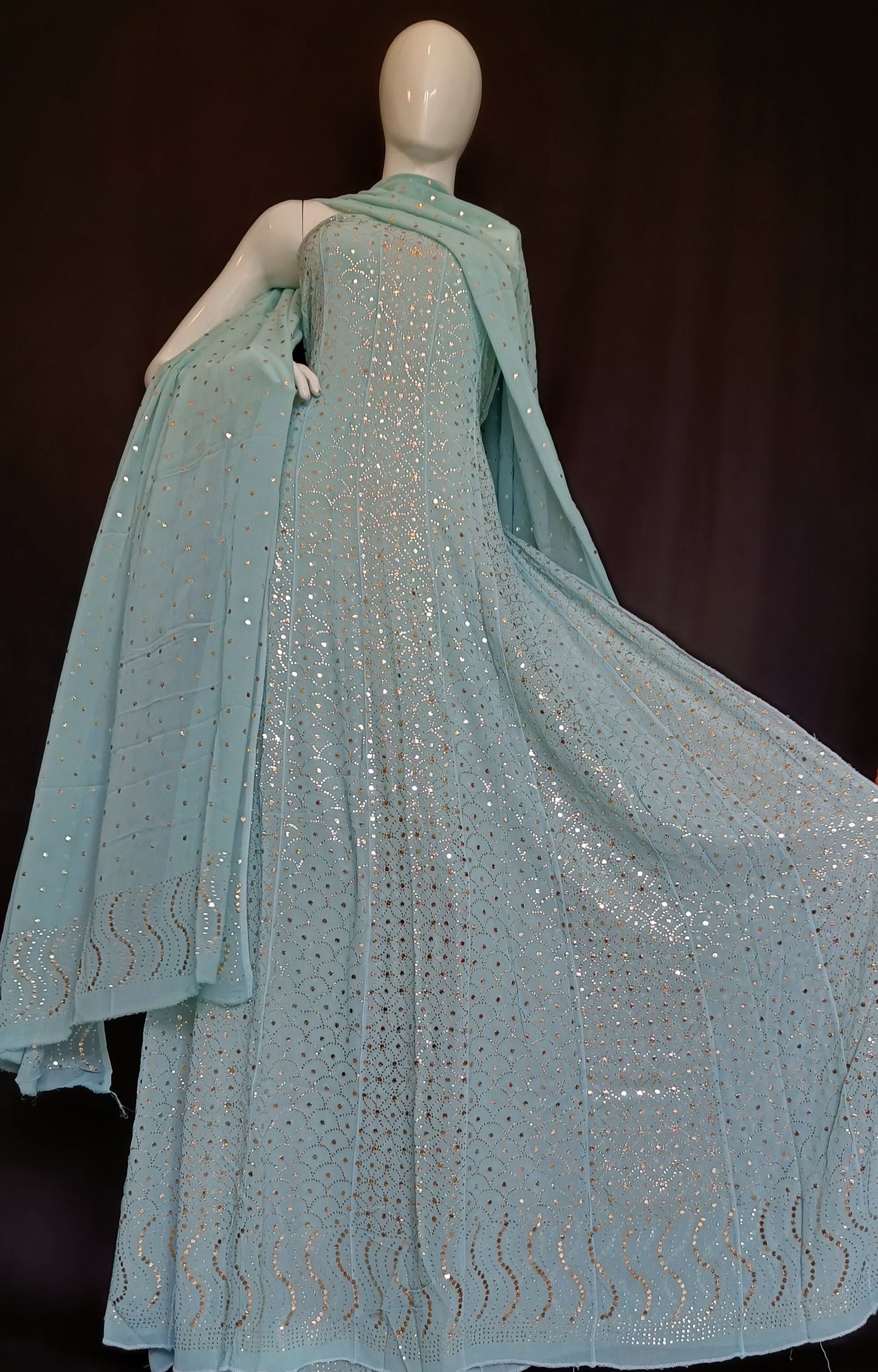 Ocean Blue Allover Heavy Mukaish Georgette Anarkali with Dupatta