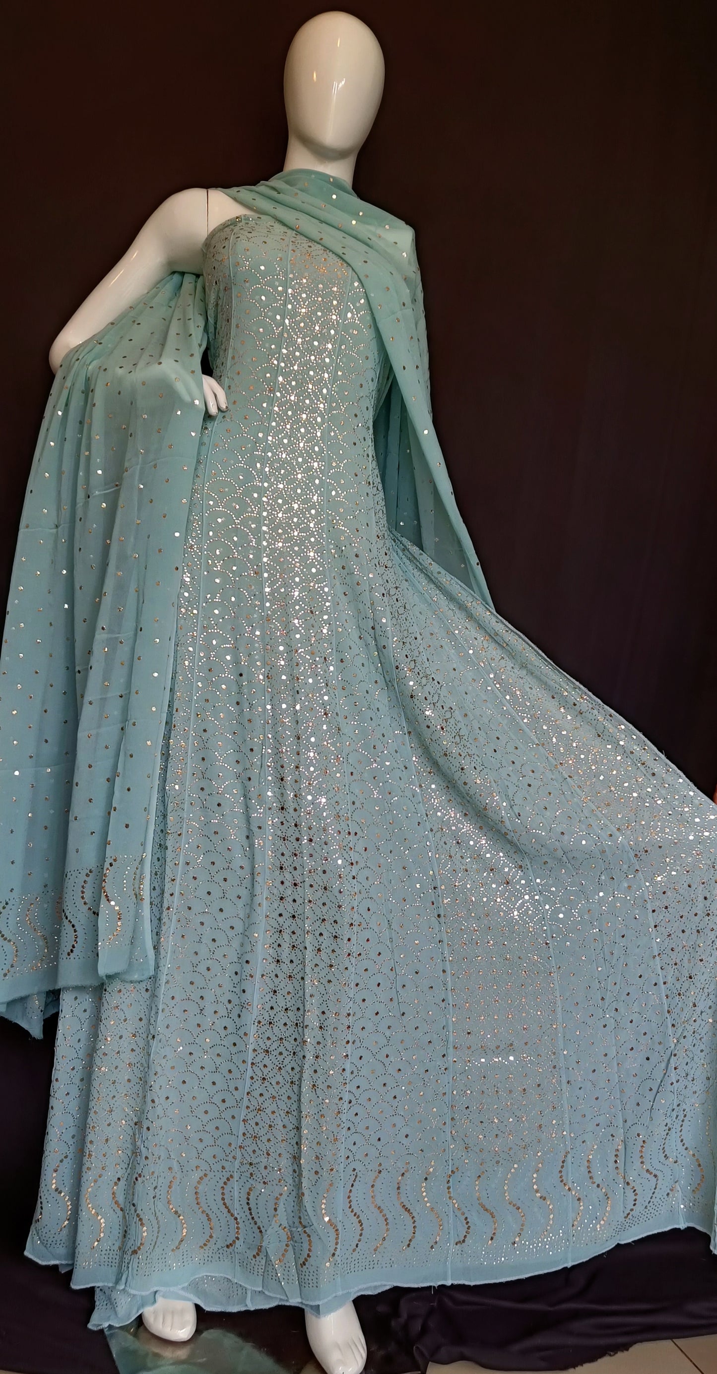 Ocean Blue Allover Heavy Mukaish Georgette Anarkali with Dupatta